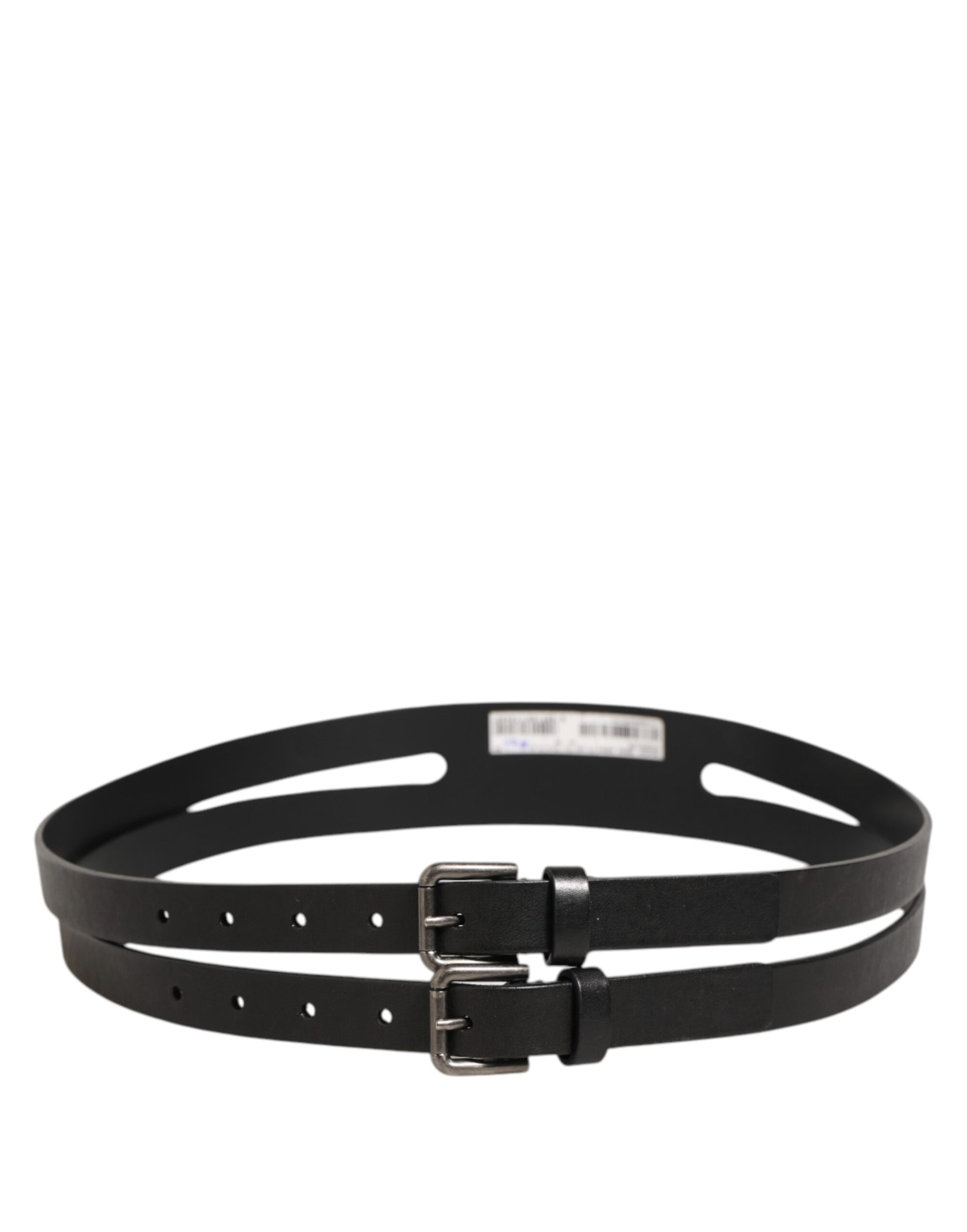 Dolce & Gabbana Black Double Strap Leather Silver Buckle Belt