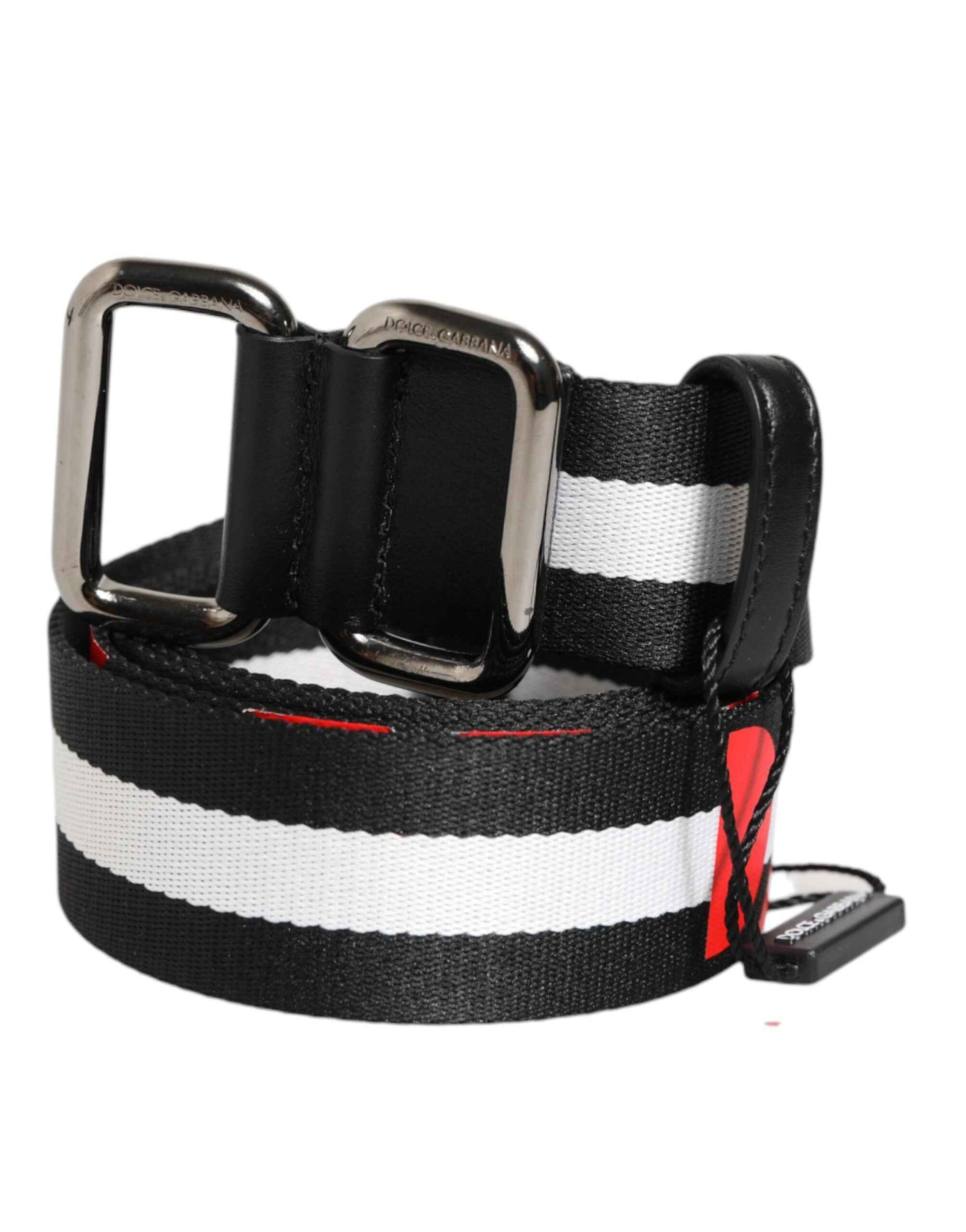 Dolce & Gabbana Black White Striped Logo Metal Buckle Belt