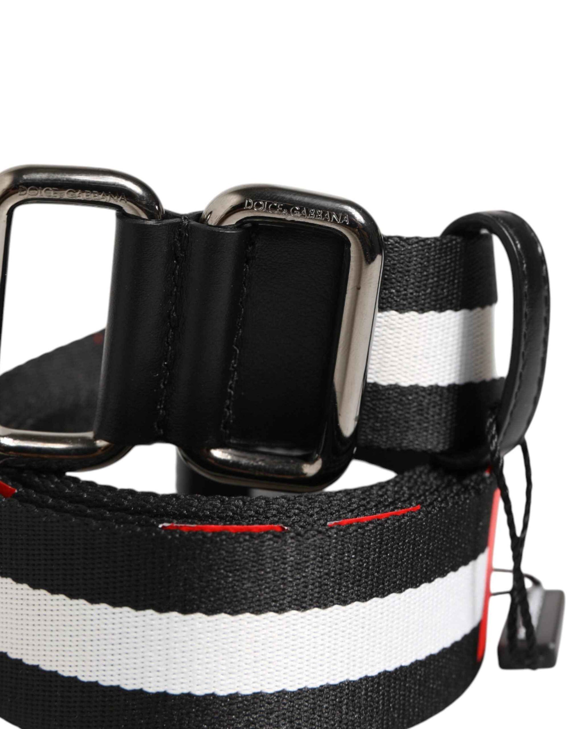 Dolce & Gabbana Black White Striped Logo Metal Buckle Belt