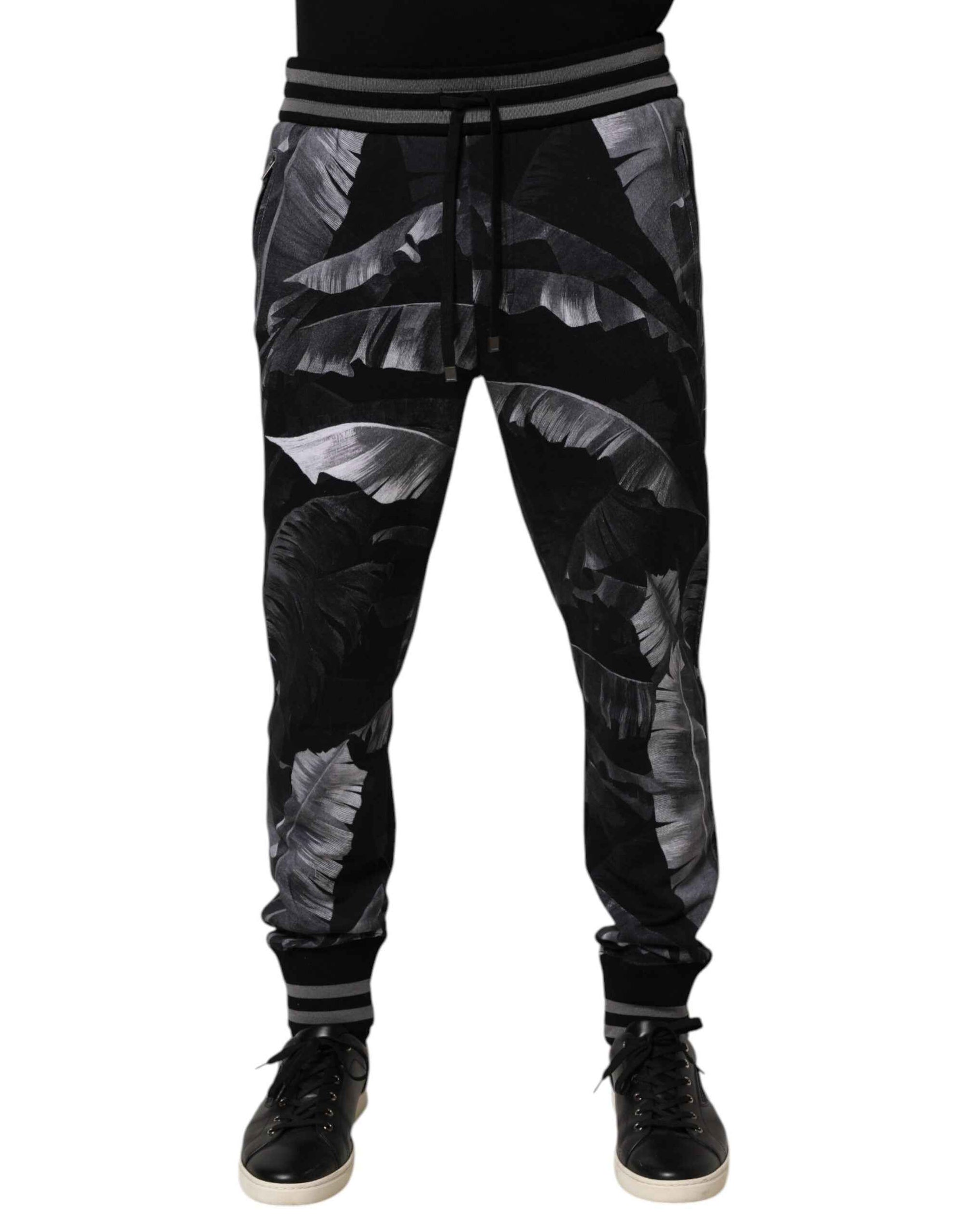 Dolce & Gabbana Black Banana Leaf Cotton Jogger Trouser Pants