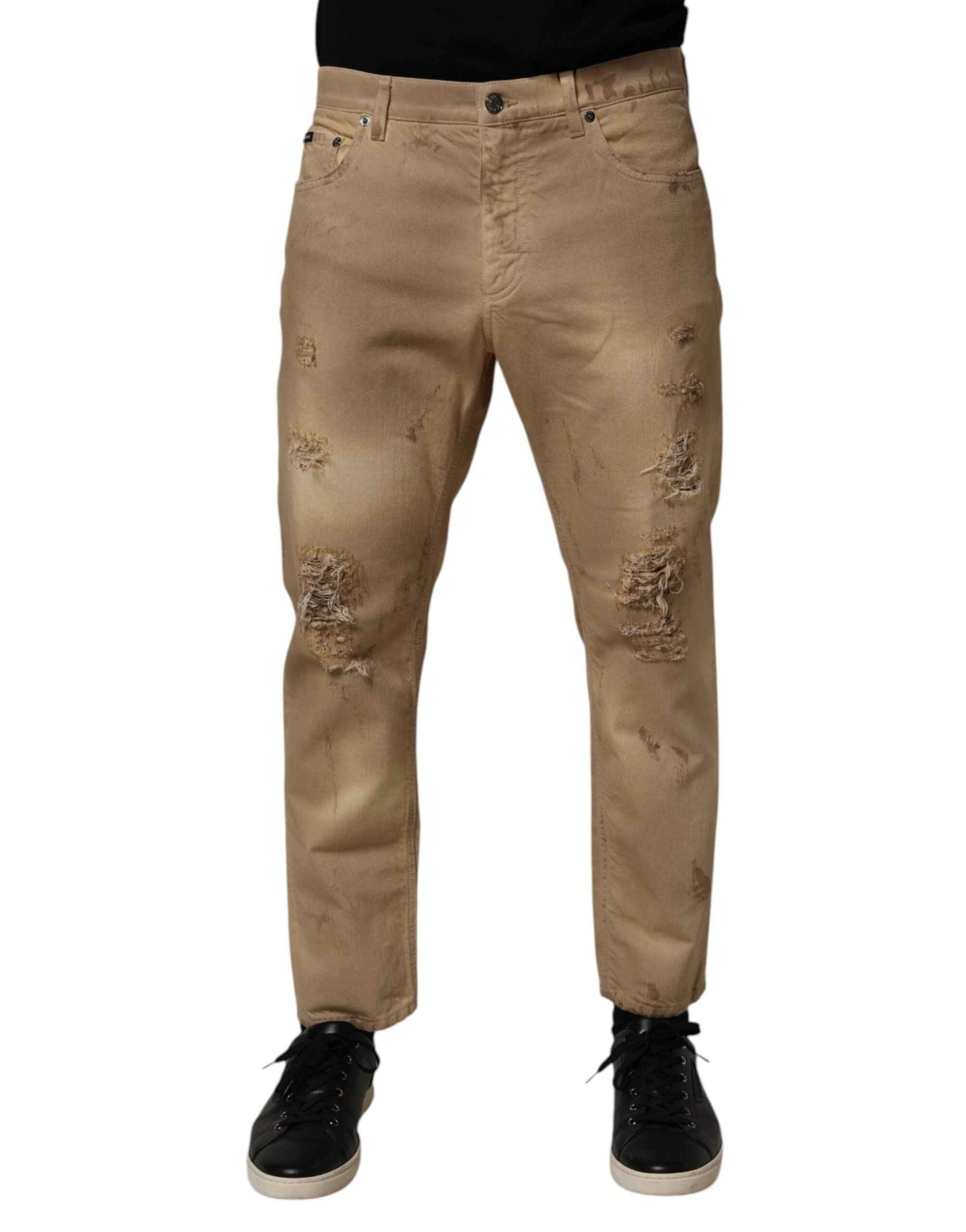 Dolce & Gabbana Beige Cotton Loose Tattered Men Denim Jeans