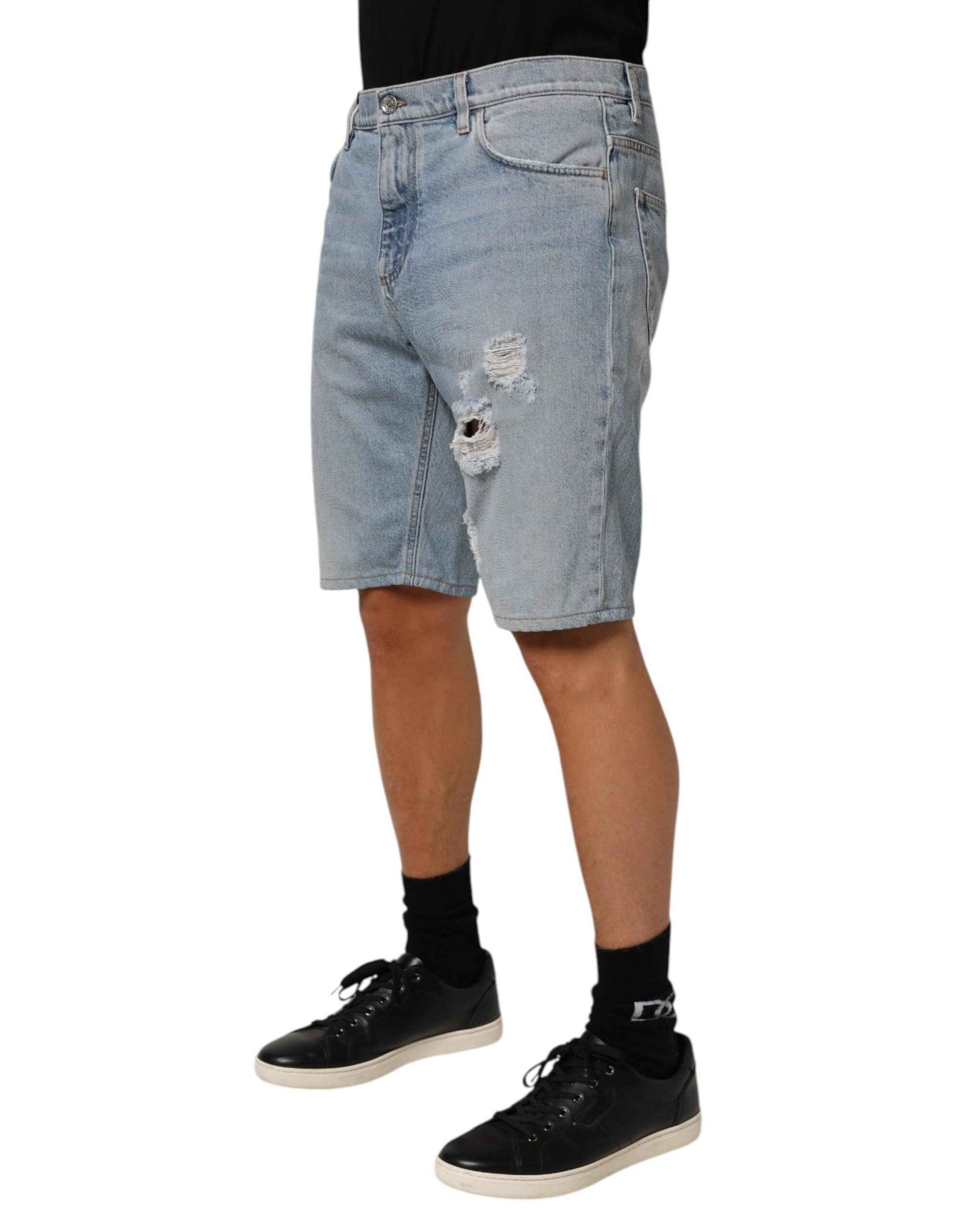 Dolce & Gabbana Blue Cotton Distressed Denim Bermuda  Shorts