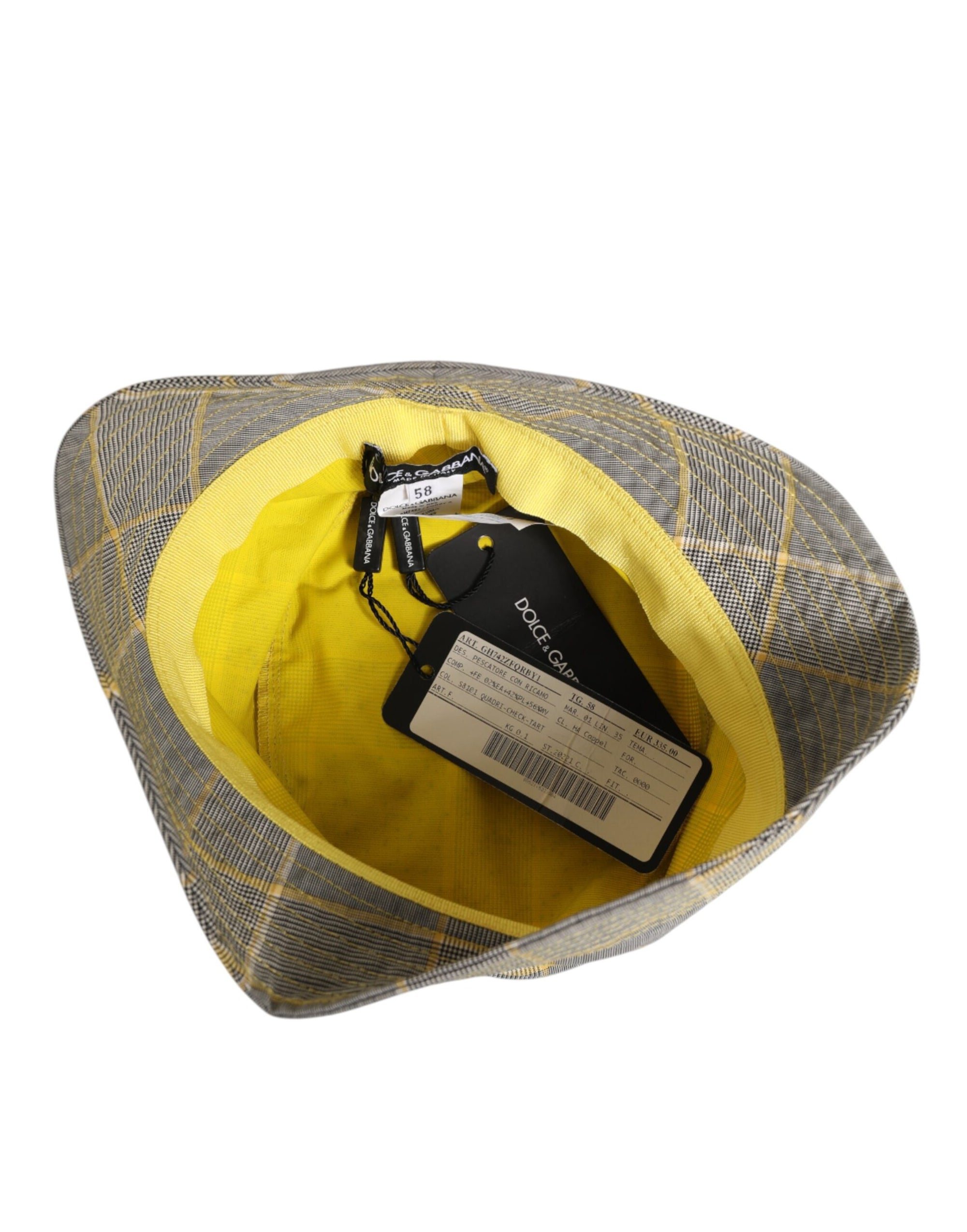Dolce & Gabbana Gray Yellow Wool Blend Plaid Bucket Cap Men Hat