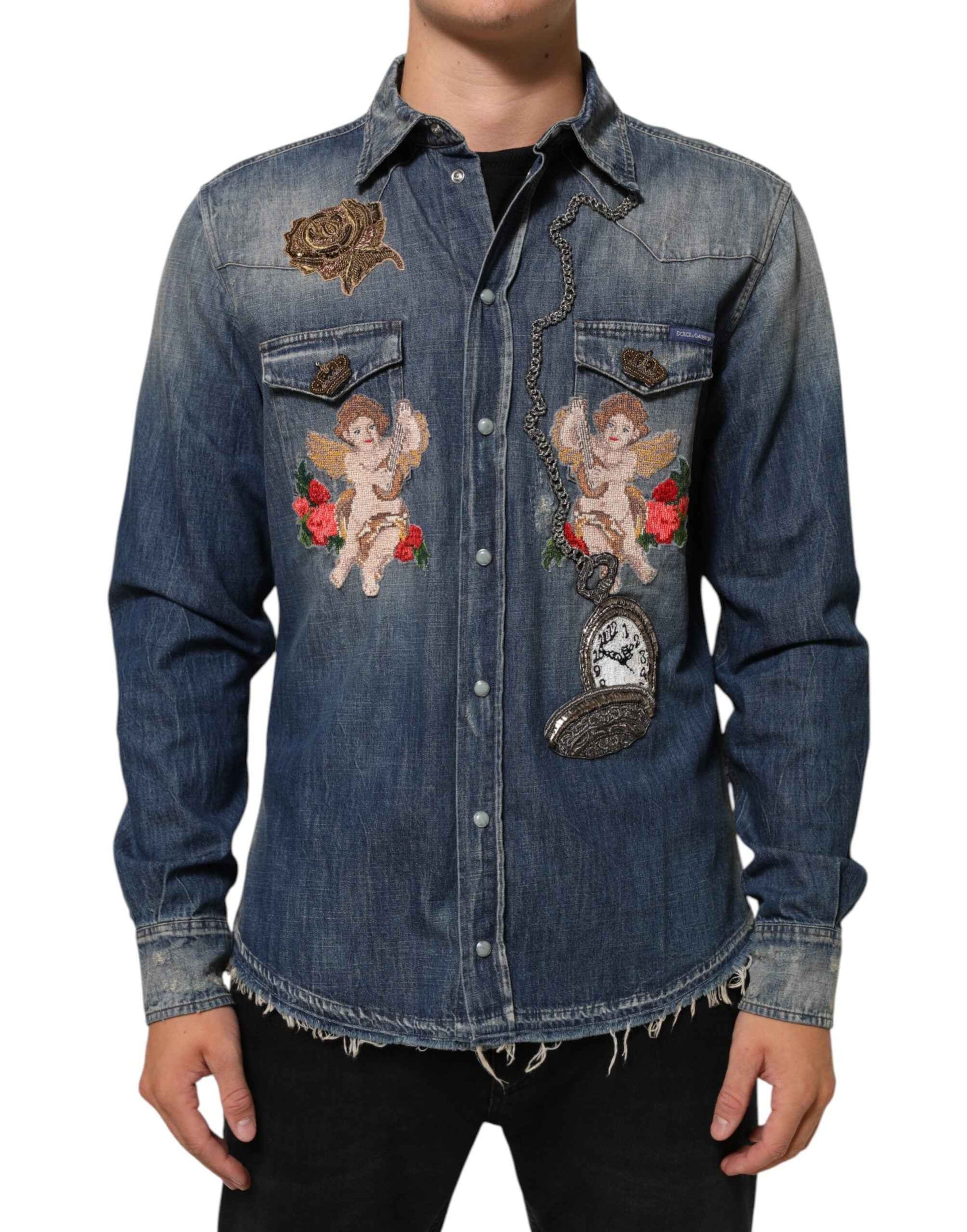 Dolce & Gabbana Blue Angel Patch Denim Buttoned Down Men Shirt