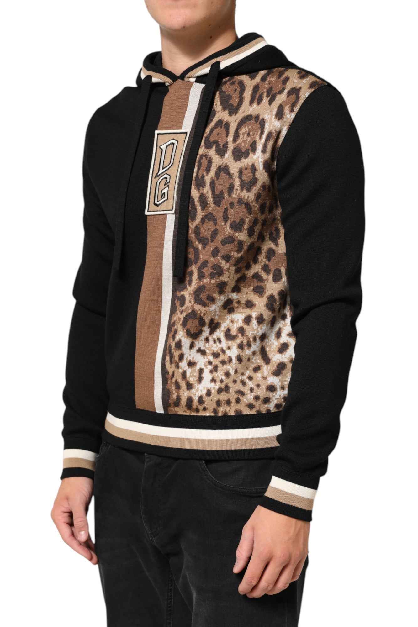 Dolce & Gabbana Black Leopard Logo Hooded Sweatshirt Sweater