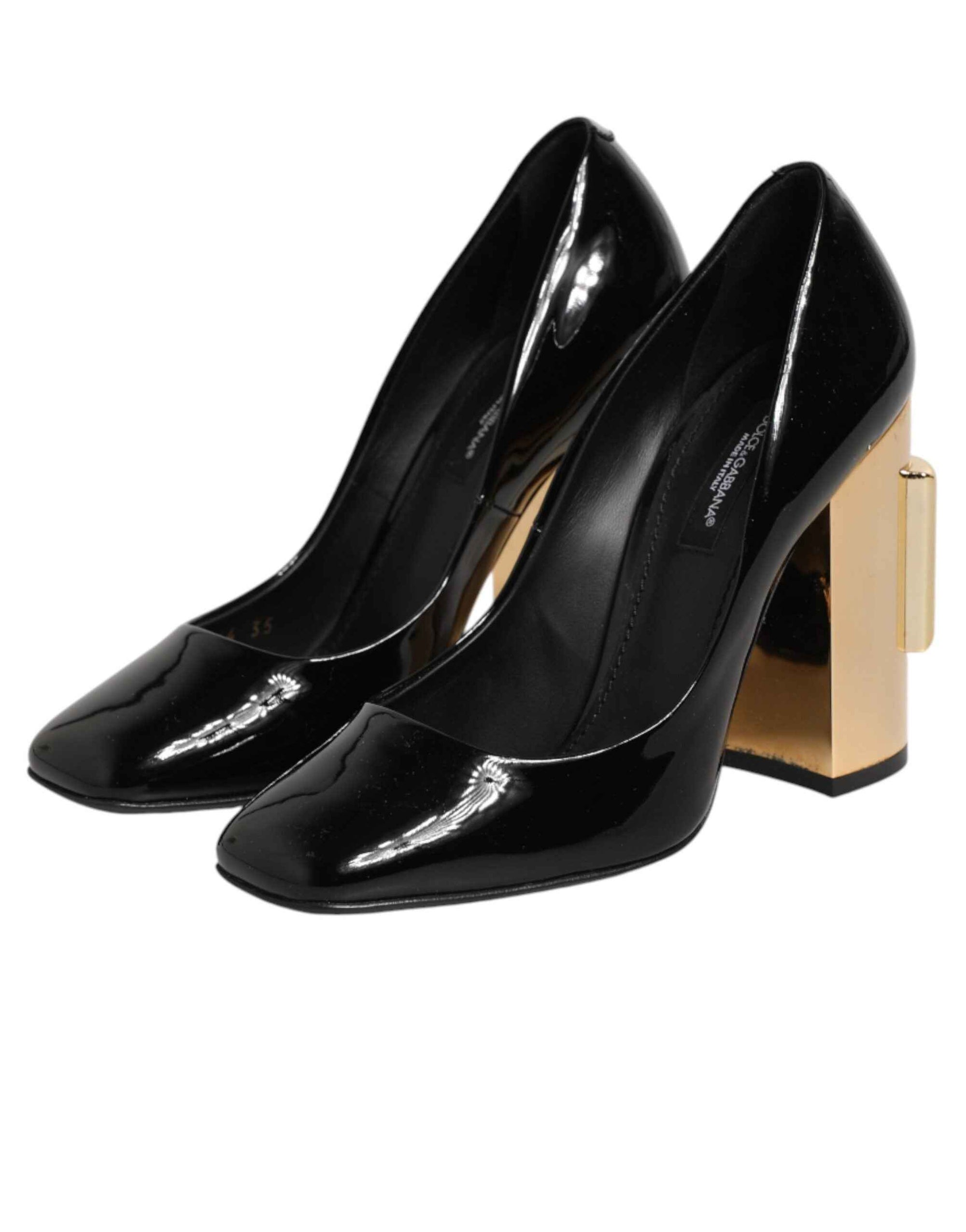 Dolce & Gabbana Black Gold Patent Leather Logo Heels Pumps Shoes