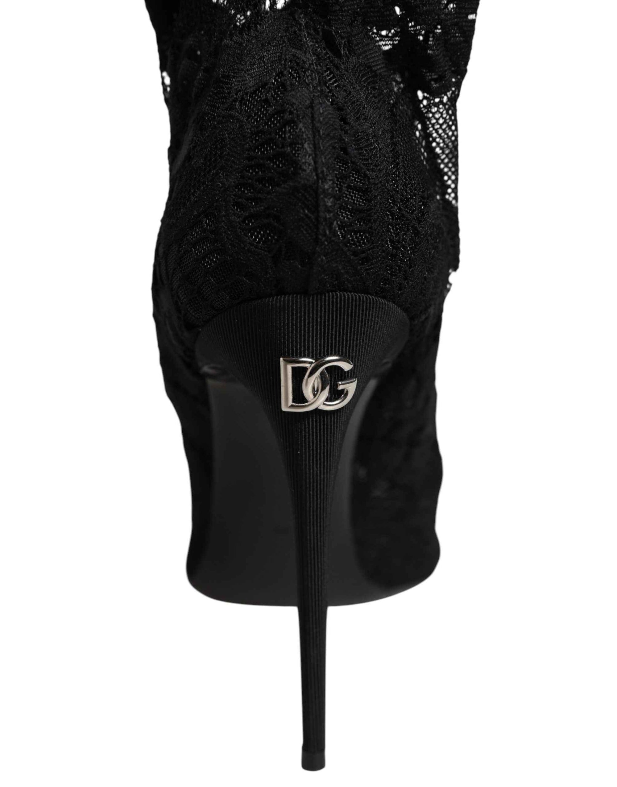 Dolce & Gabbana Black Stretch Taormina Lace Boots Shoes