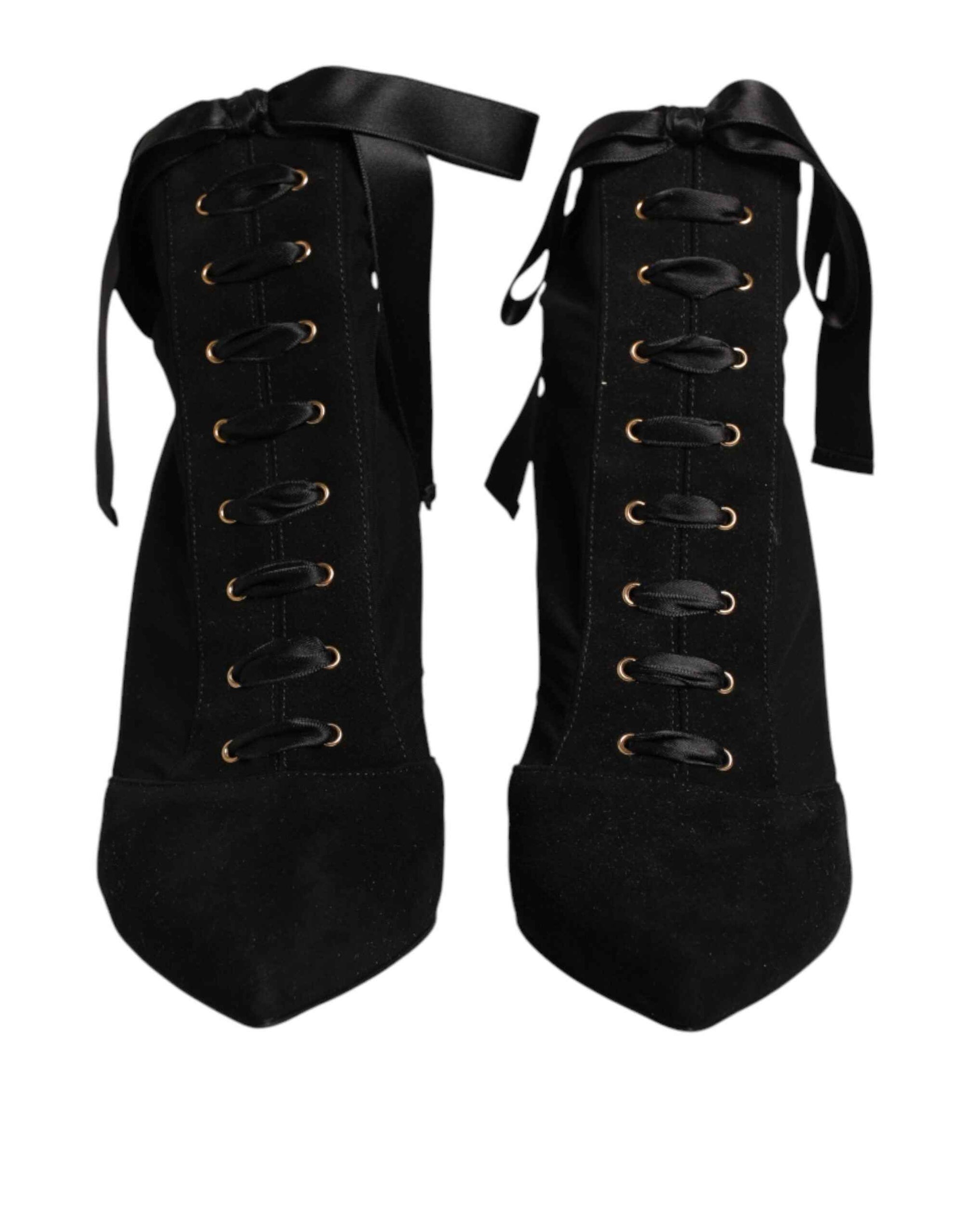 Dolce & Gabbana Black Stiletto Heels Lace Up Boots Shoes