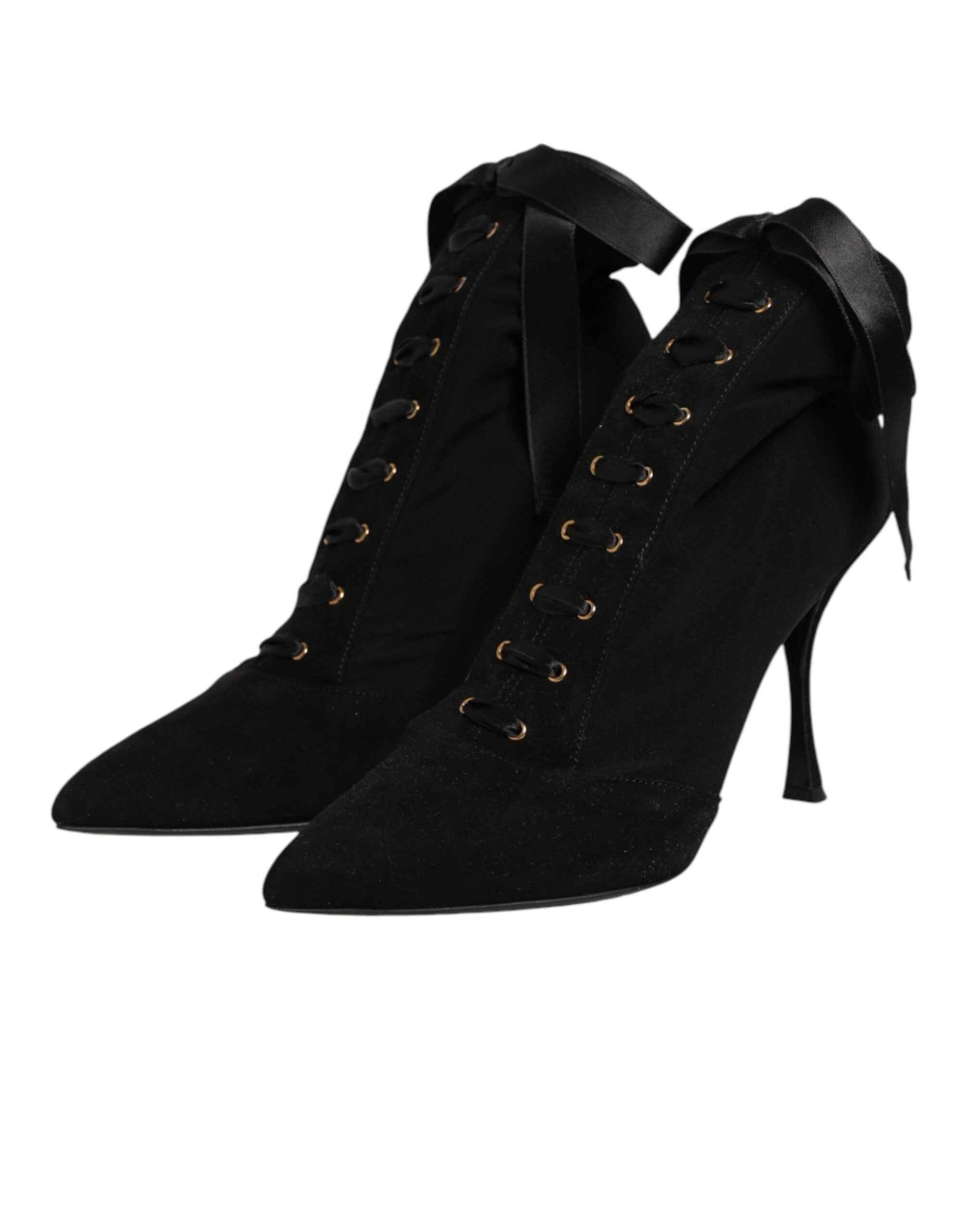 Dolce & Gabbana Black Stiletto Heels Lace Up Boots Shoes