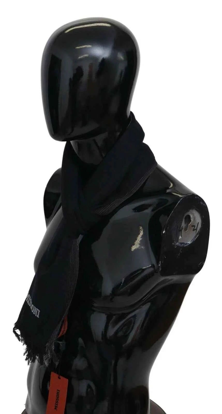 M Missoni Black Striped Wool Unisex Neck Wrap Fringes Logo Scarf