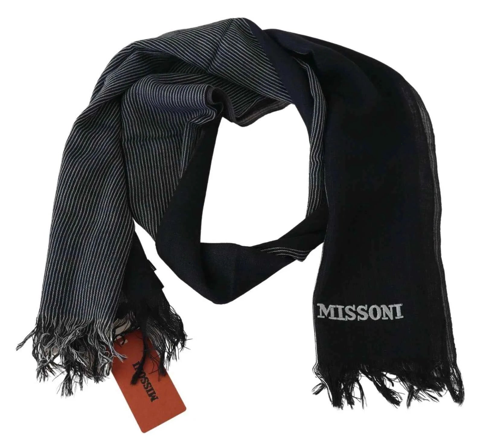 M Missoni Black Striped Wool Unisex Neck Wrap Fringes Logo Scarf