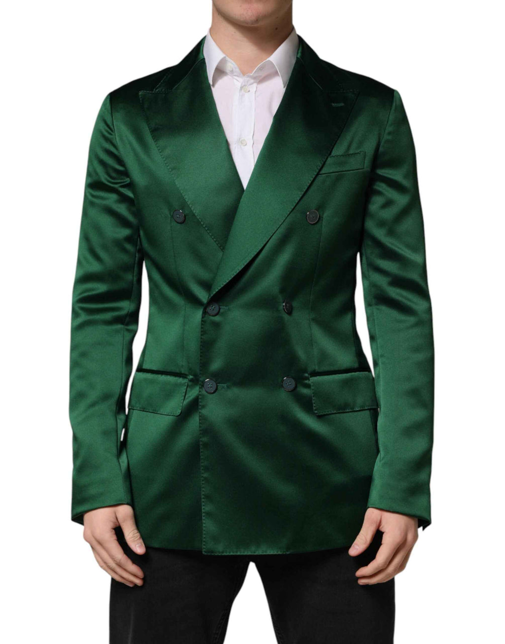 Dolce & Gabbana Green Satin Double Breasted Jacket Blazer