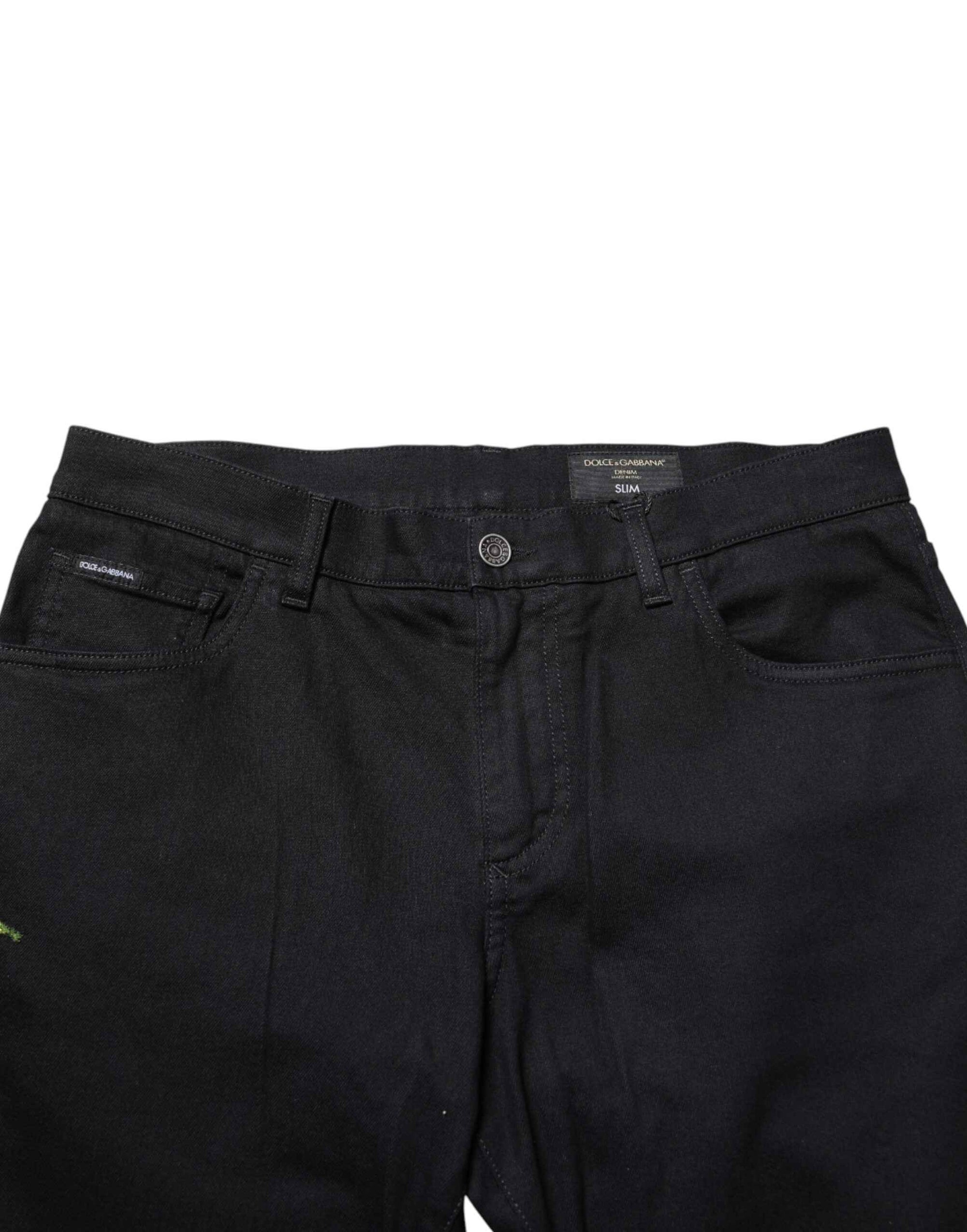 Dolce & Gabbana Black Floral Cotton Skinny Men Denim Jeans