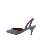 Amina Muaddi Blue Nubuc Leather Mid Heel Pumps