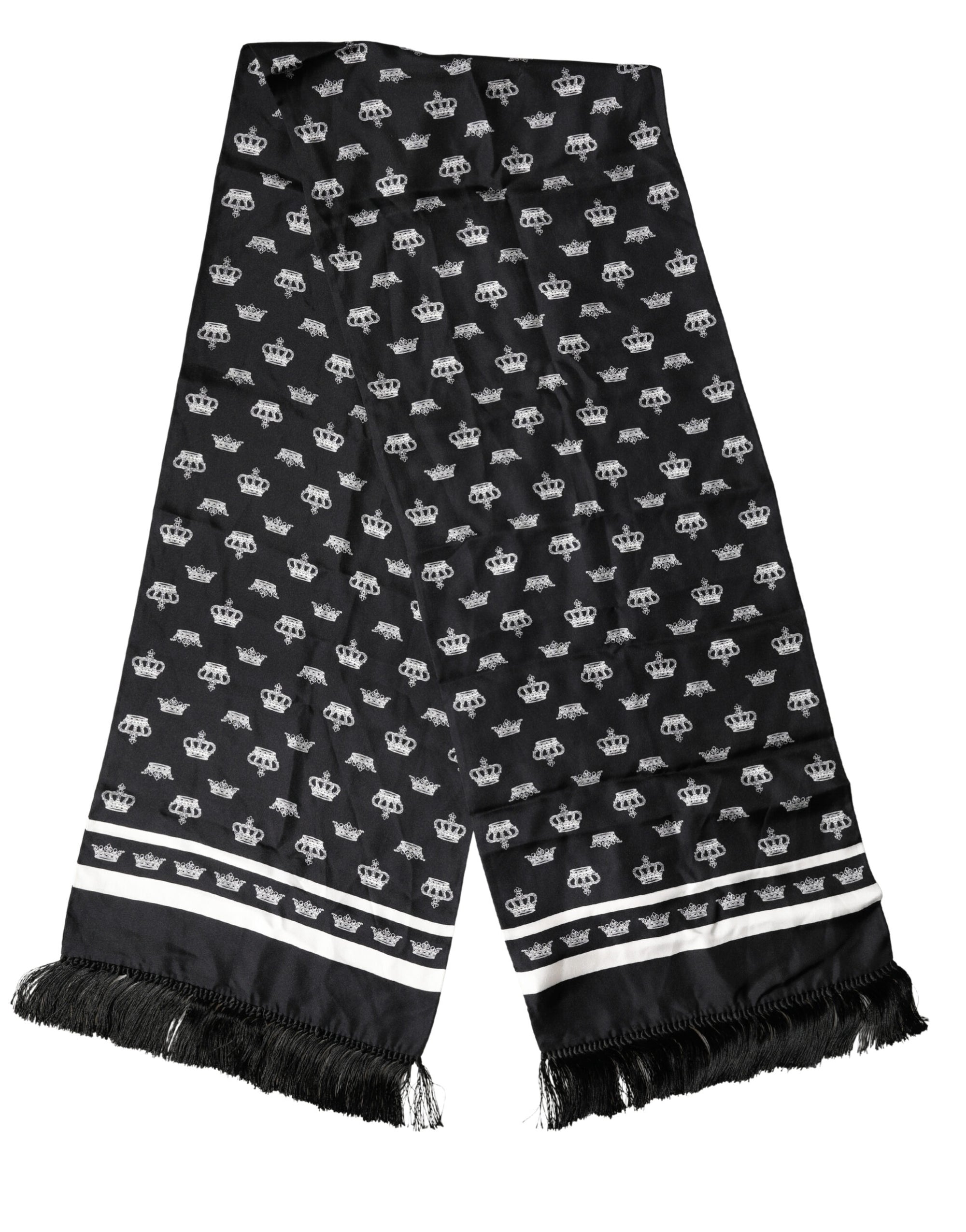 Dolce & Gabbana Black Silk Crown Fringe Neck Wrap 173cm x 32.5cm Scarf
