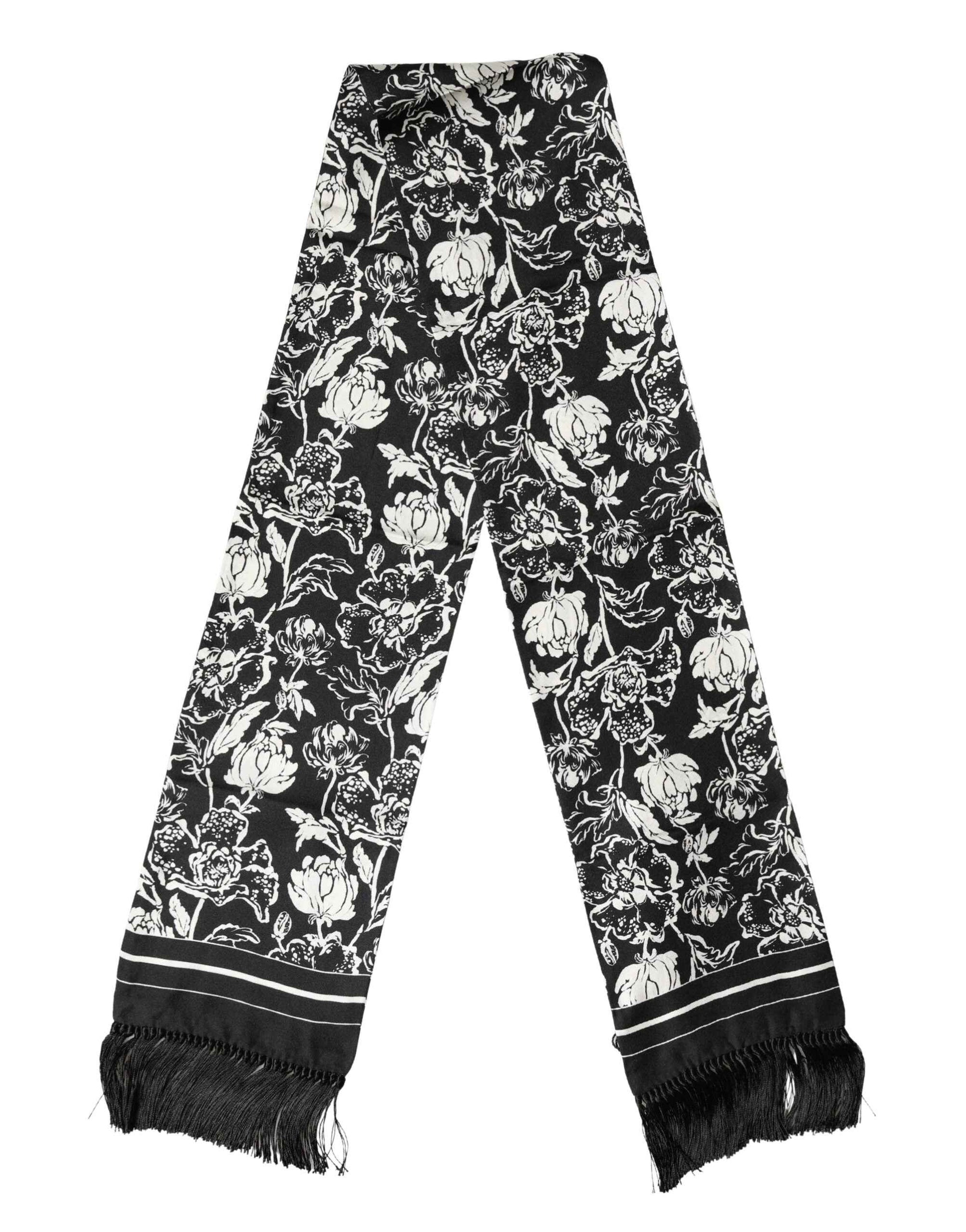 Dolce & Gabbana Black White Silk Floral Print Fringe 136cm X 15.5cm  Scarf
