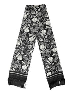 Dolce & Gabbana Black White Silk Floral Print Fringe 136cm X 15.5cm  Scarf