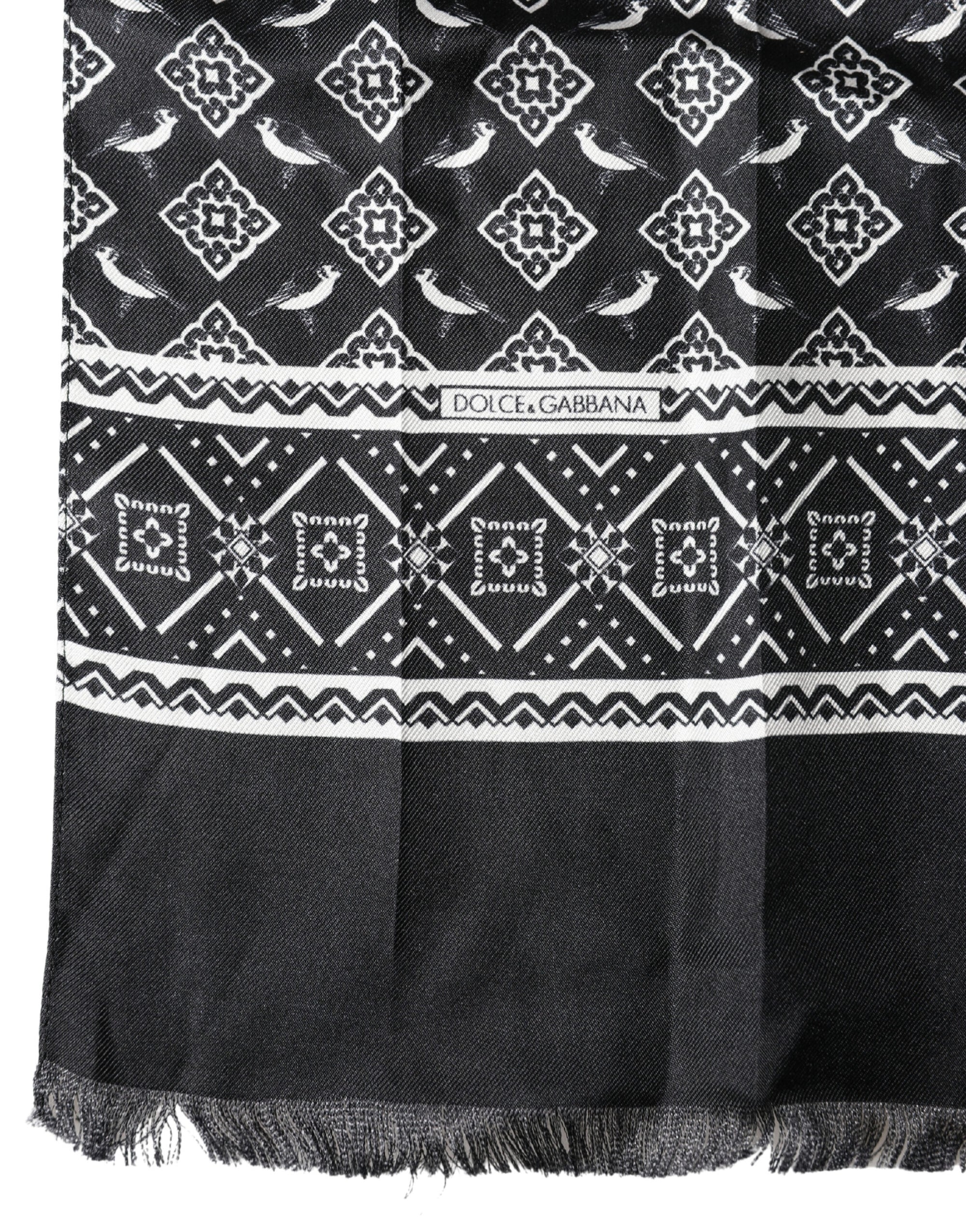 Dolce & Gabbana Black Gray Silk Bird Fringe Wrap Foulard 140cm X 23cm Scarf