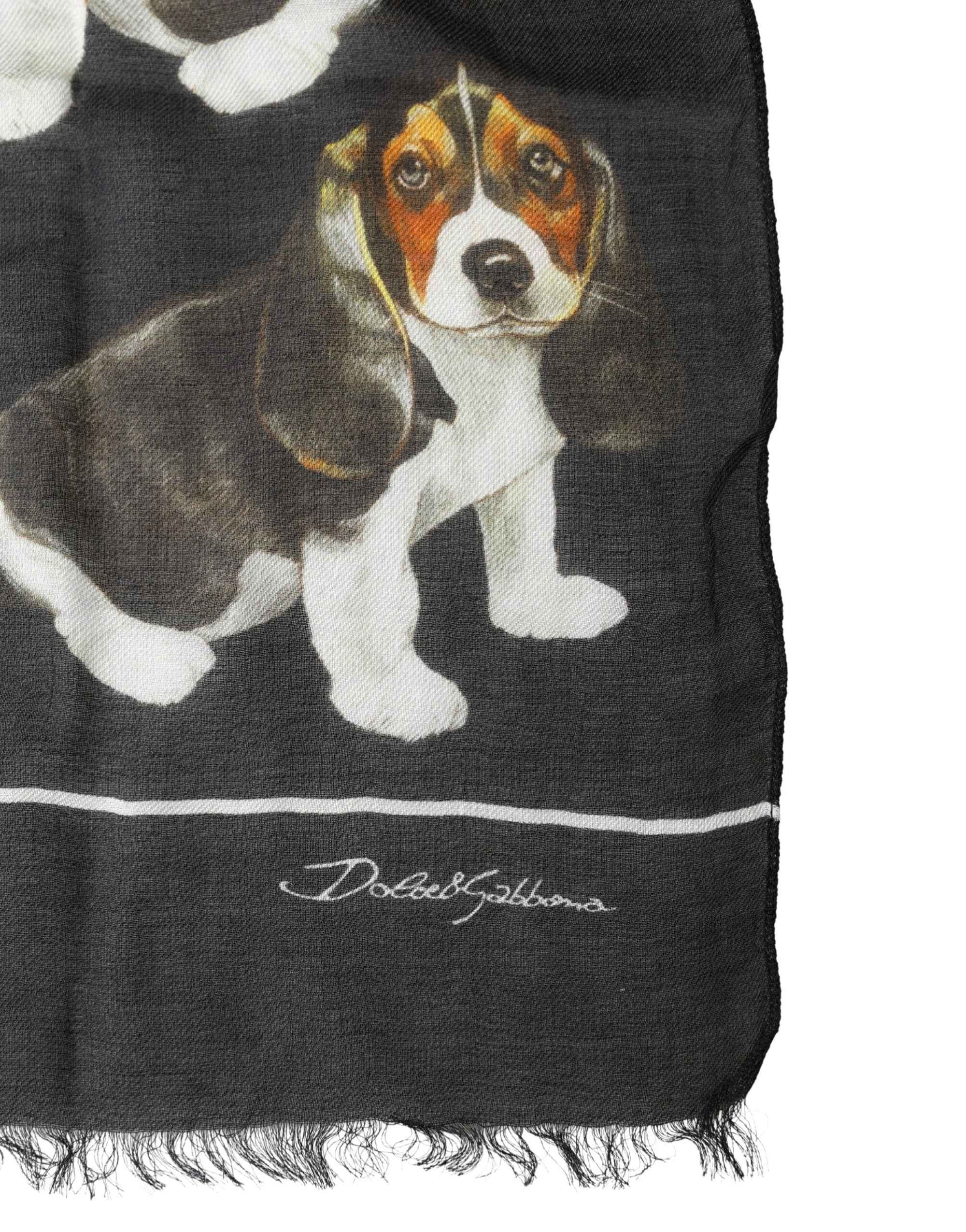 Dolce & Gabbana Black Dog Print Modal Wool Wrap Foulard 178cm X 63cm Scarf
