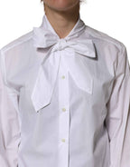 Dolce & Gabbana White Cotton Bow Tie Long Sleeves Blouse Top