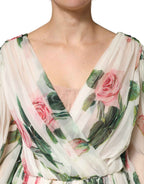 Dolce & Gabbana Green Floral Silk Wrap Midi Long Sleeve Dress