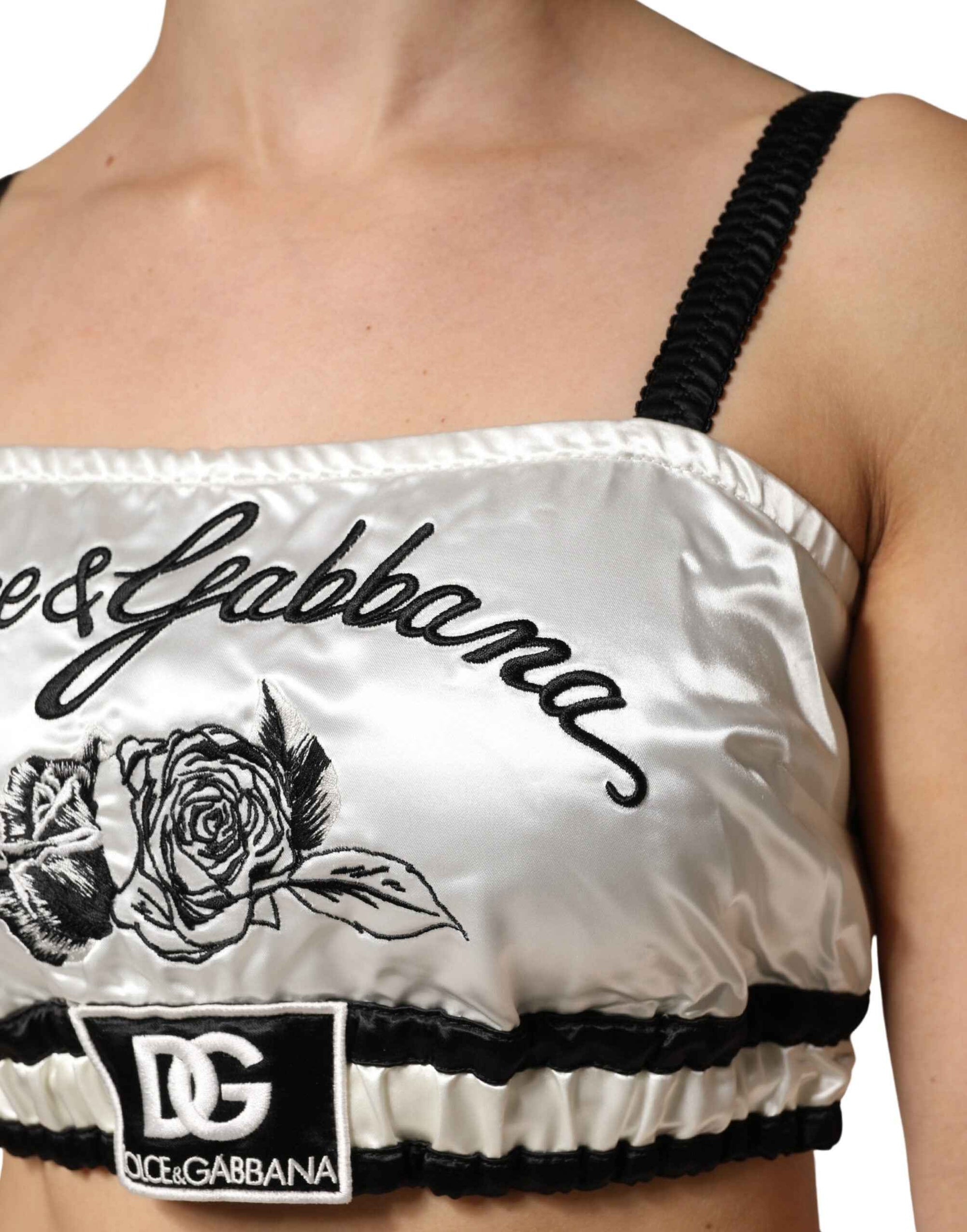 Dolce & Gabbana White Silk Satin Crop Black Logo Bralette Top