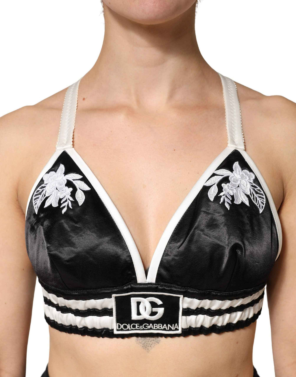 Dolce & Gabbana Black Floral Silk Satin Crop Logo Bralette Top