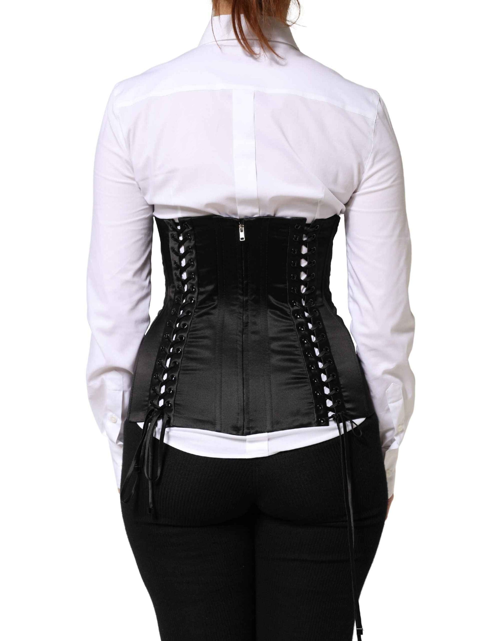 Dolce & Gabbana Black Silk Lace-Up Waist Cincher Corset Top