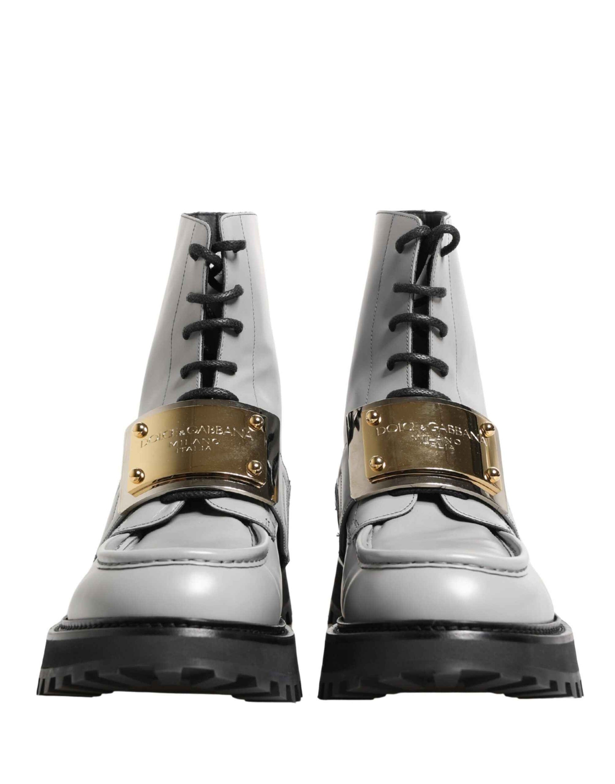 Dolce & Gabbana Gray Leather Logo Plaque Ankle Boots Shoes