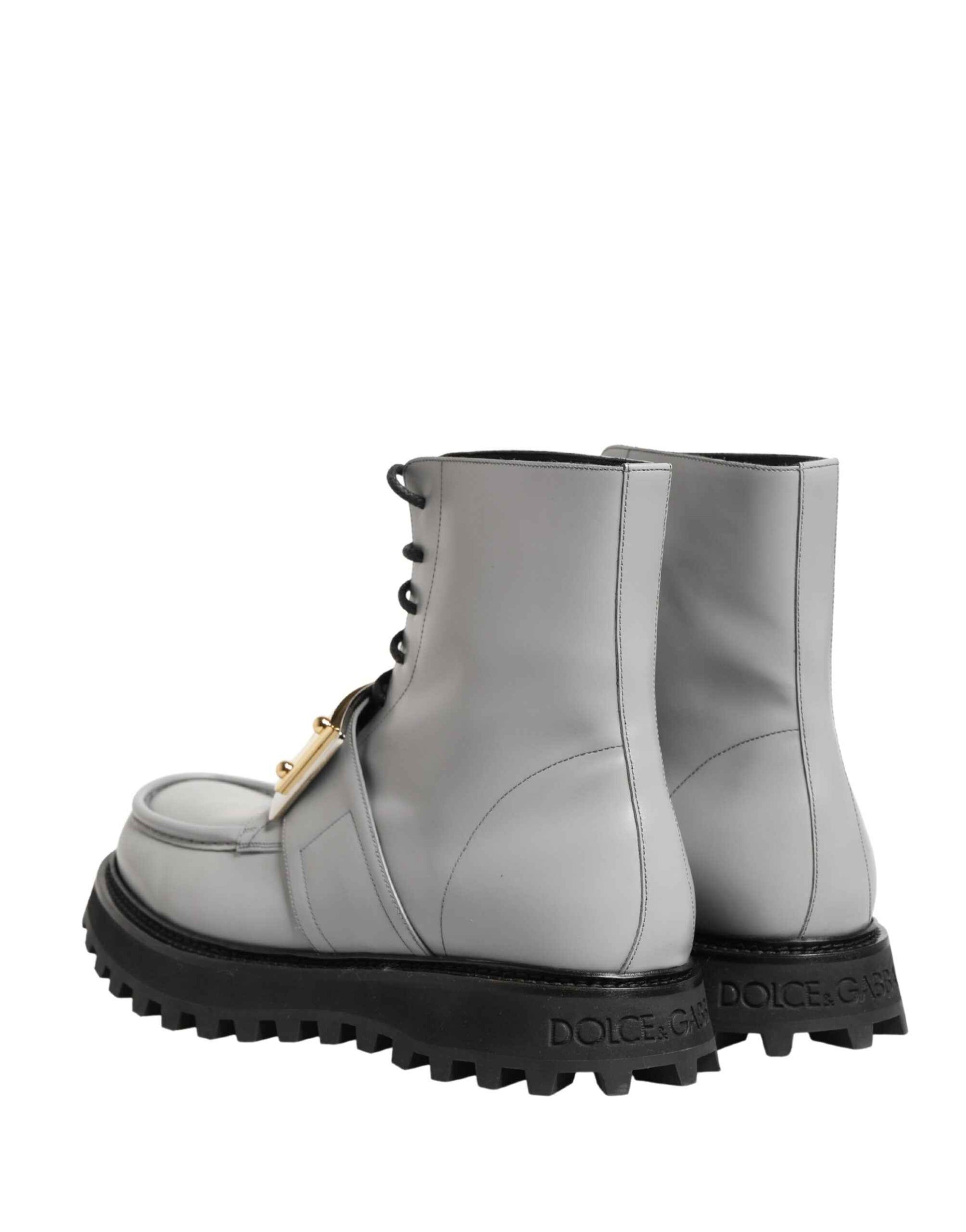 Dolce & Gabbana Gray Leather Logo Plaque Ankle Boots Shoes