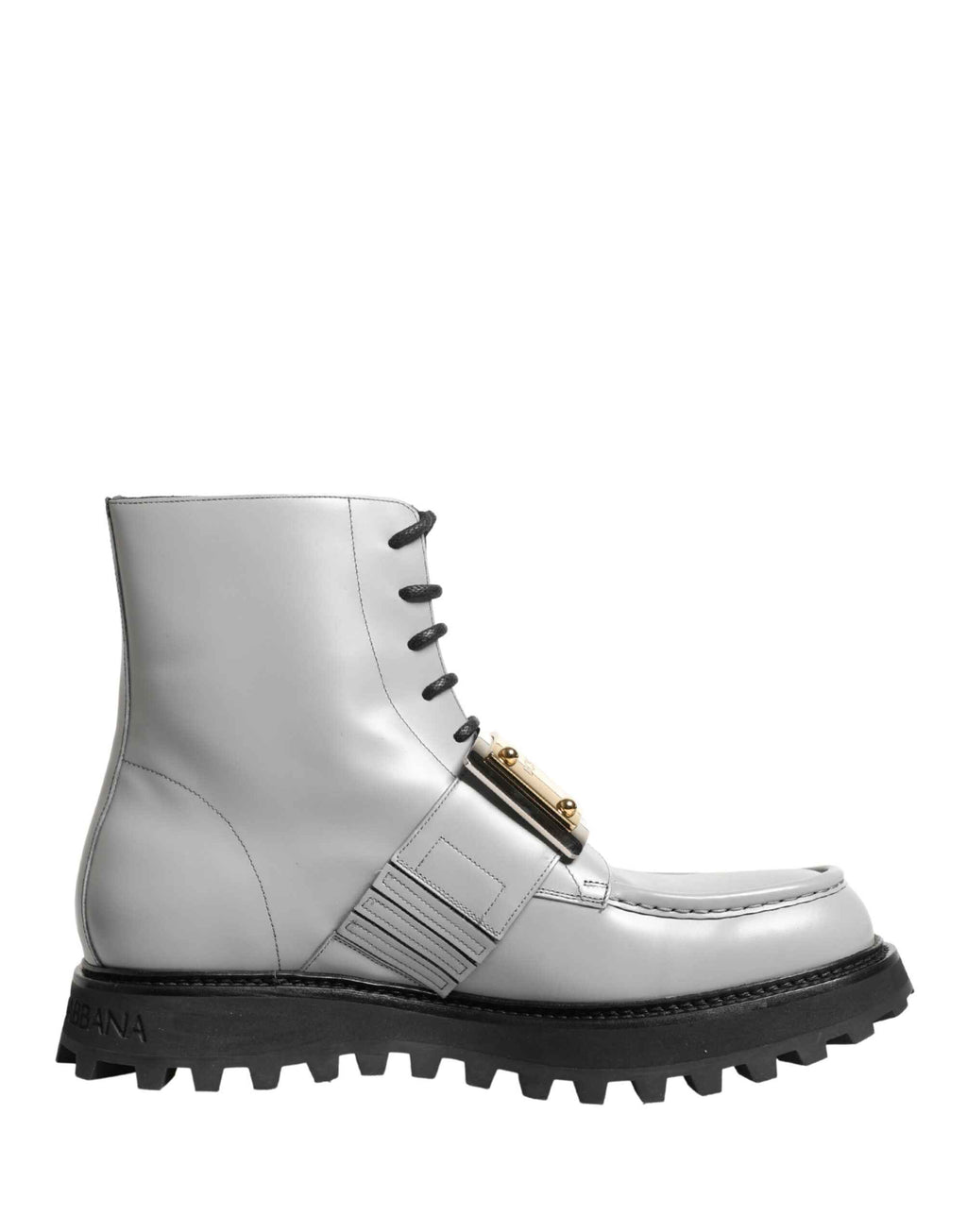 Dolce & Gabbana Gray Leather Logo Plaque Ankle Boots Shoes