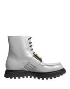 Dolce & Gabbana Gray Leather Logo Plaque Ankle Boots Shoes