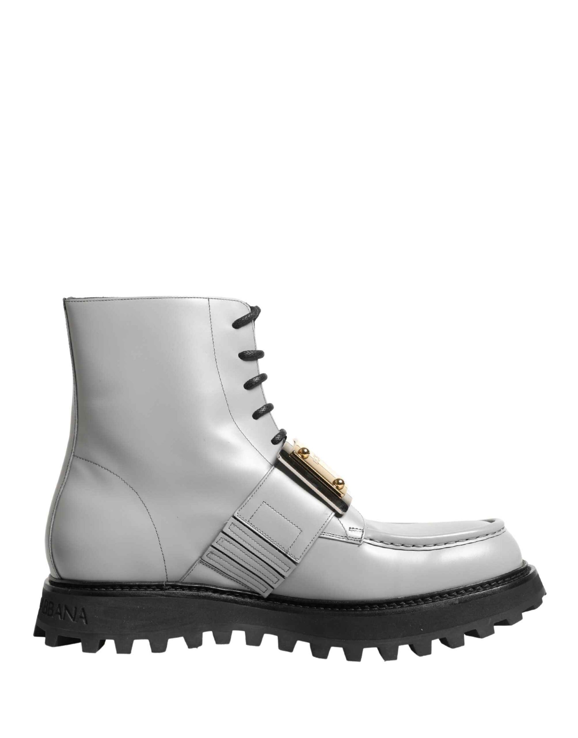 Dolce & Gabbana Gray Leather Logo Plaque Ankle Boots Shoes