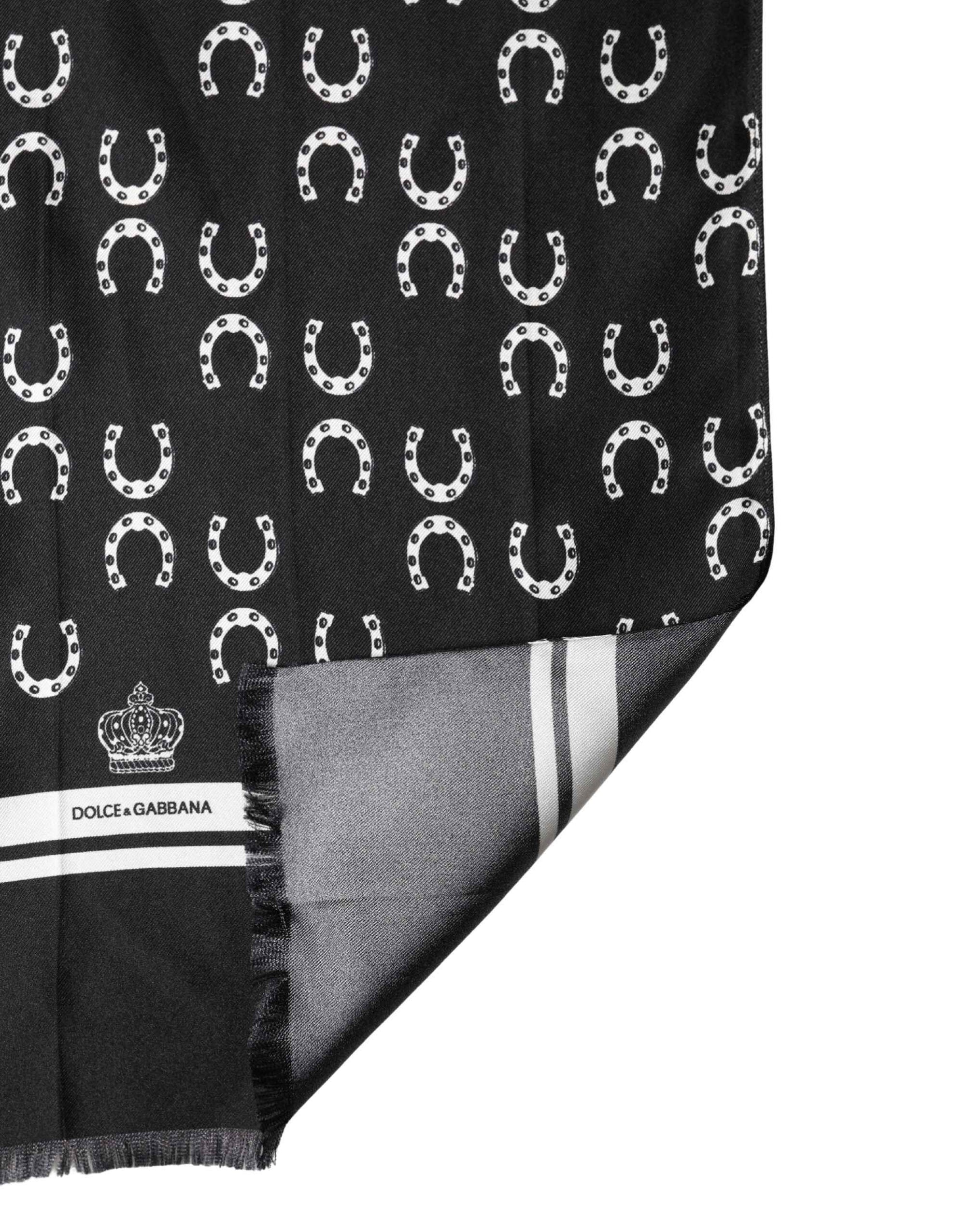 Dolce & Gabbana Black Horseshoe Silk Neck Foulard 136cm x 23cm Men Scarf