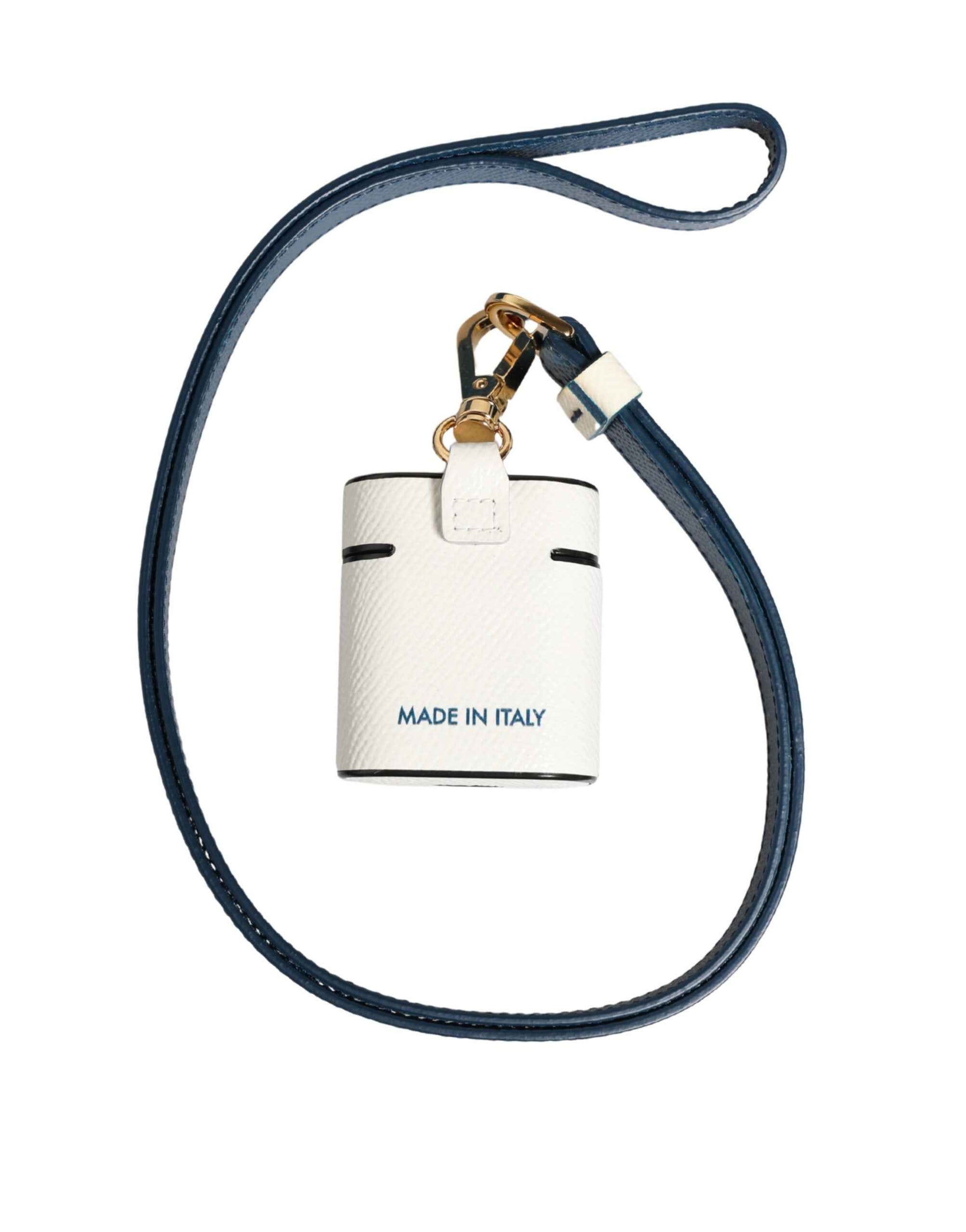 Dolce & Gabbana White Calf Leather Logo Flip Holder Strap Airpods Case