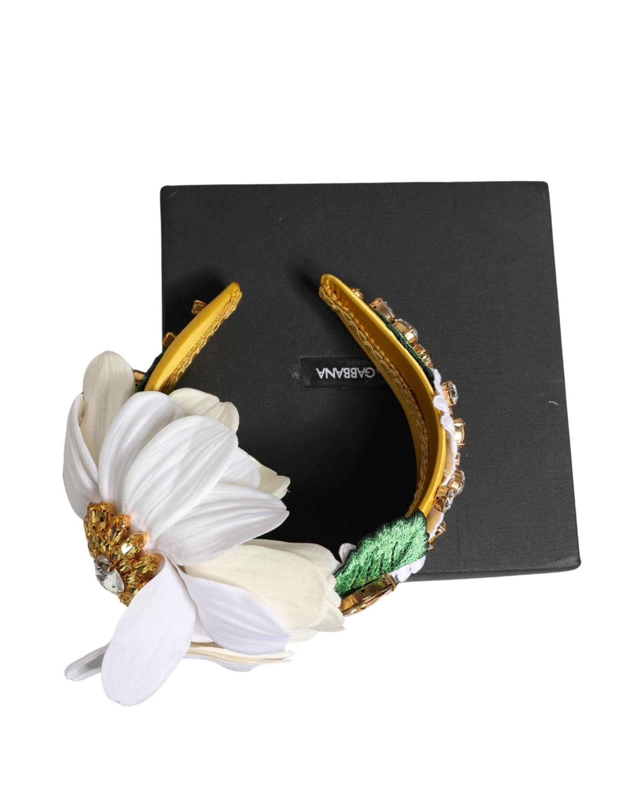 Dolce & Gabbana White Yellow Silk Blend Floral Crystals Diadem Headband