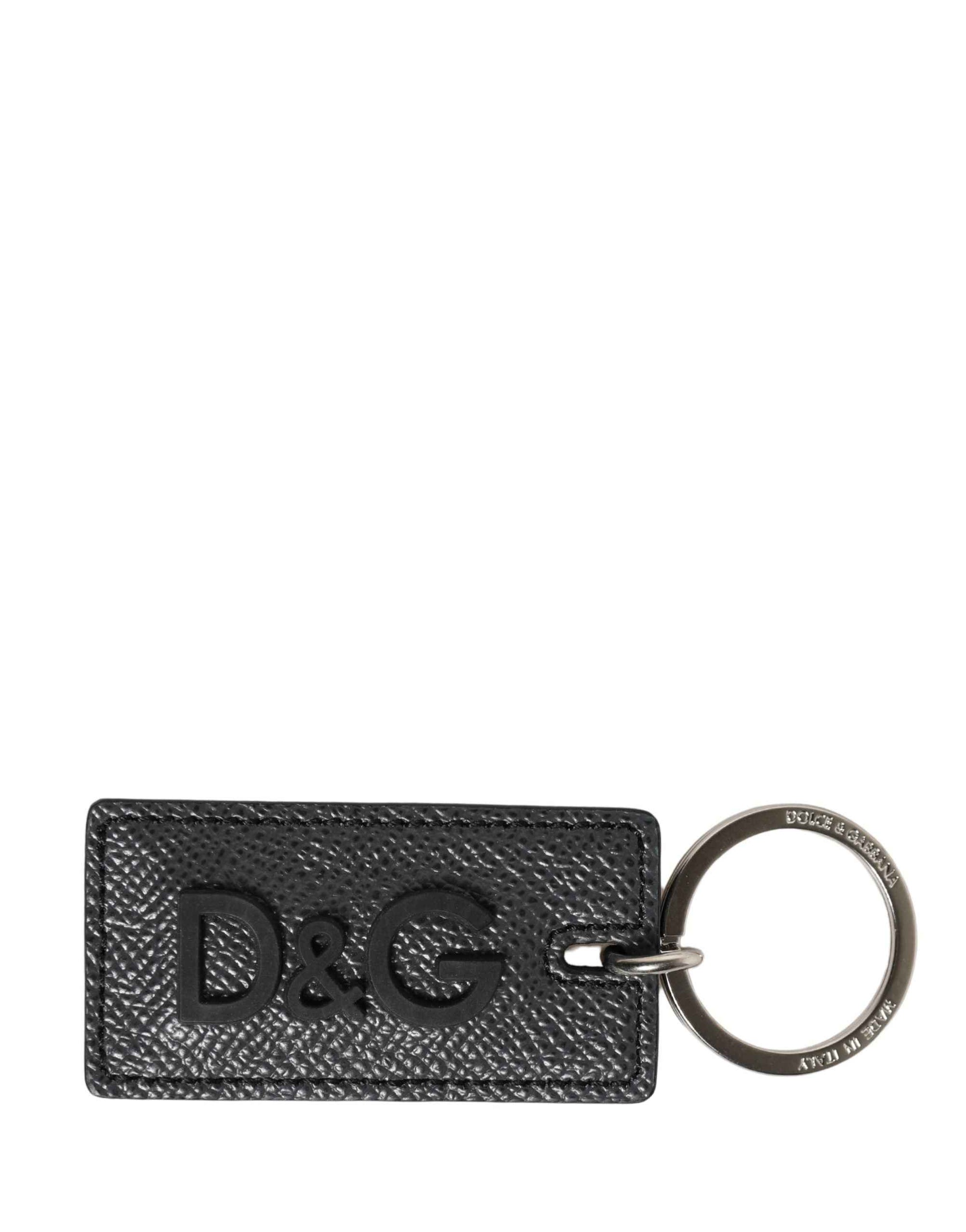 Dolce & Gabbana Black Calf Leather D&G Logo Metal Ring Keyring Keychain