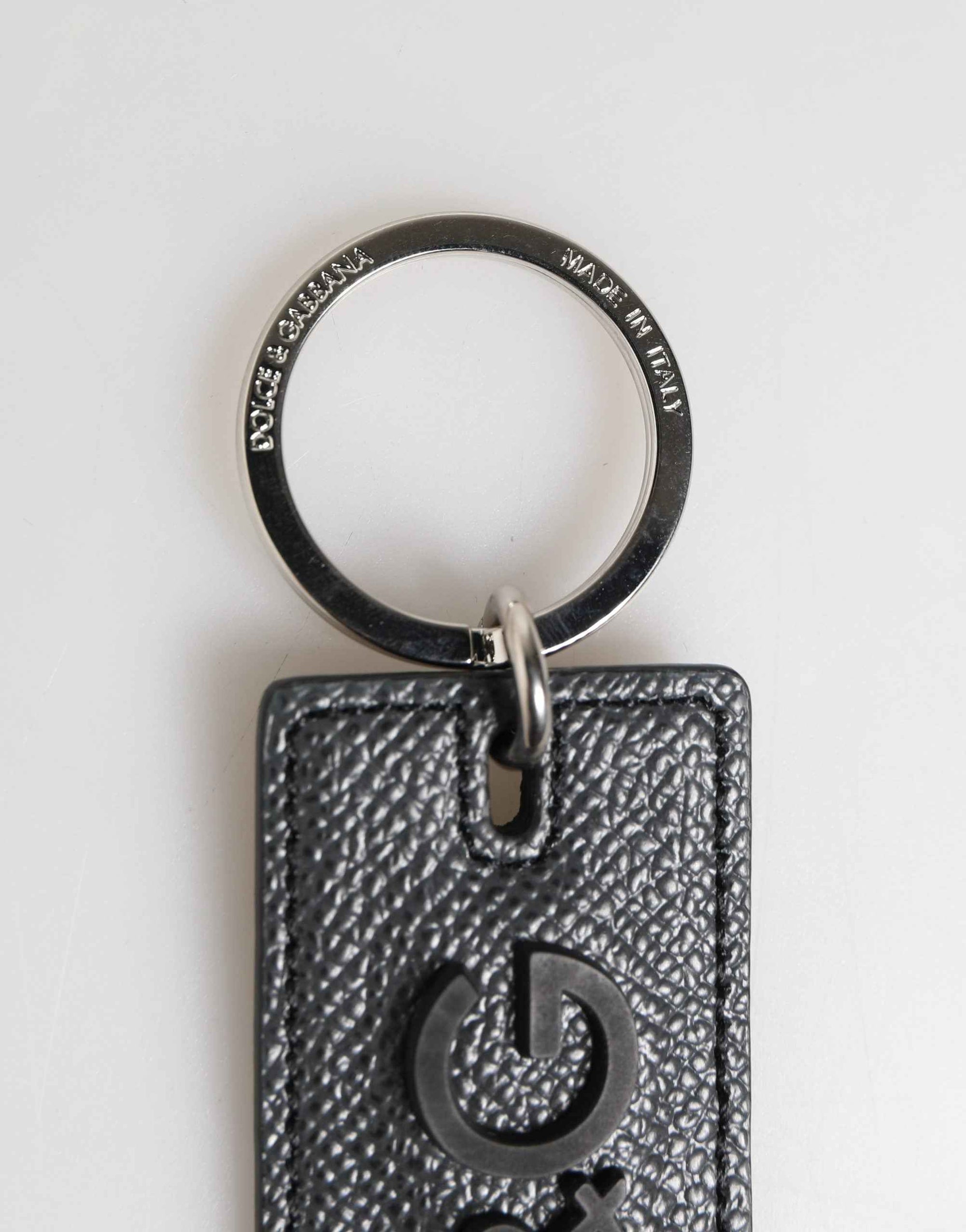 Dolce & Gabbana Black Calf Leather D&G Logo Metal Ring Keyring Keychain