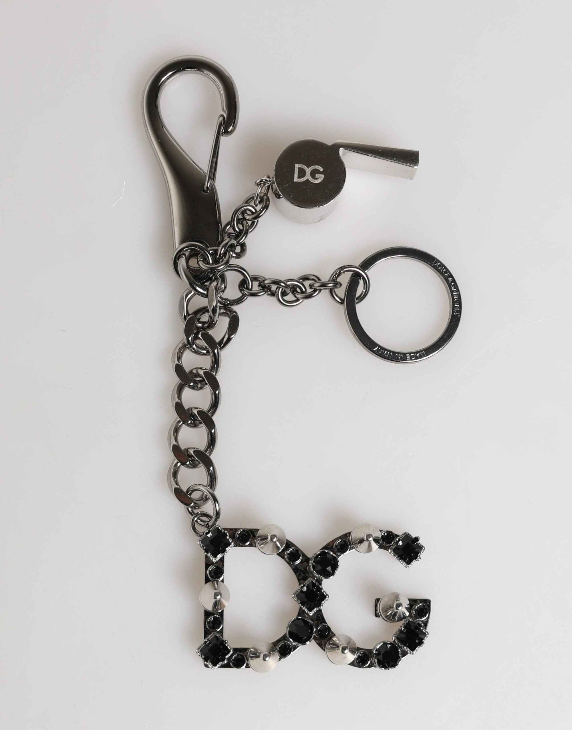 Dolce & Gabbana Silver Brass Metal DG Logo Crystal Ring Keyring Keychain