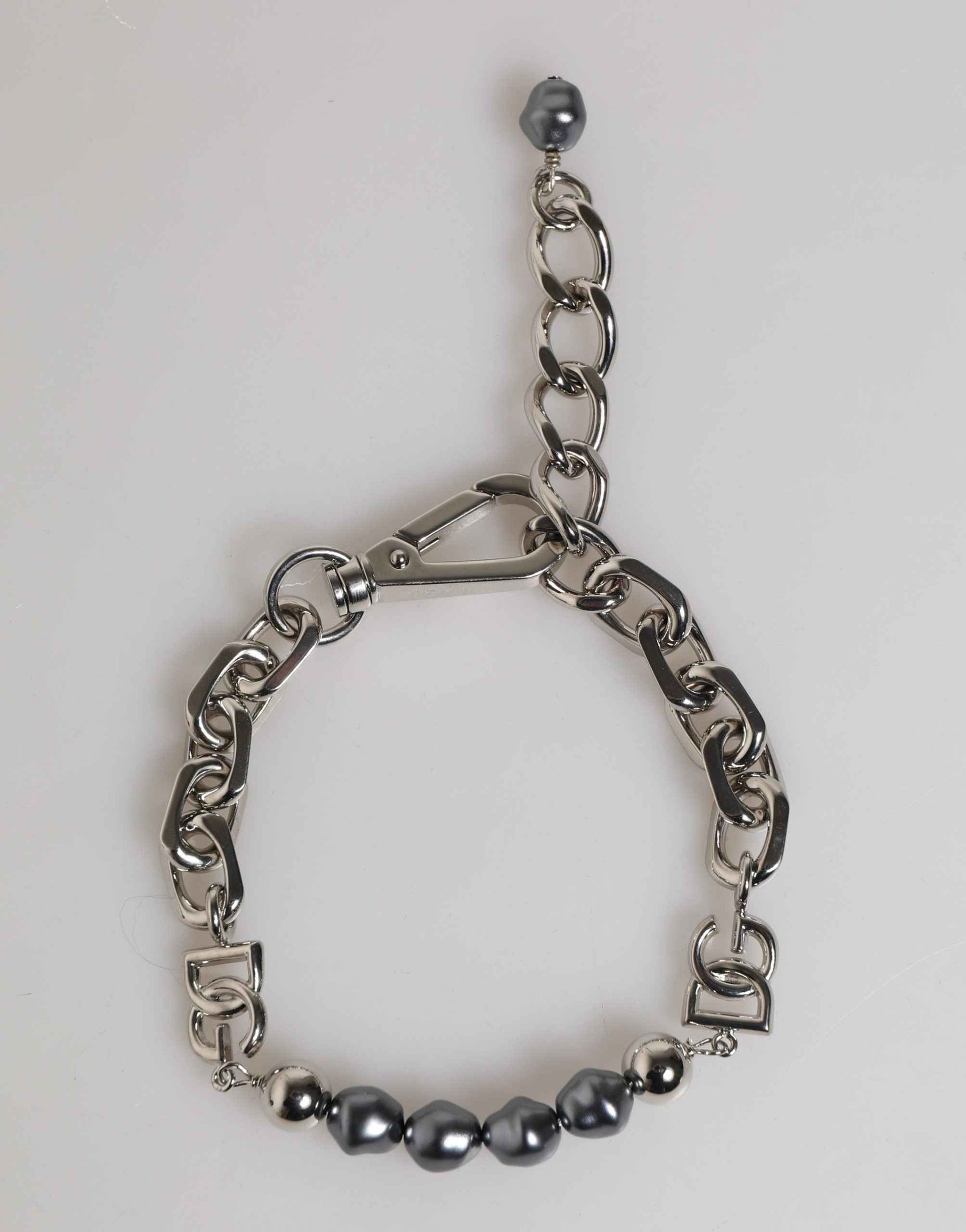 Dolce & Gabbana Silver Tone Chain Lobster Clasp Logo Gray Pearls Bracelet