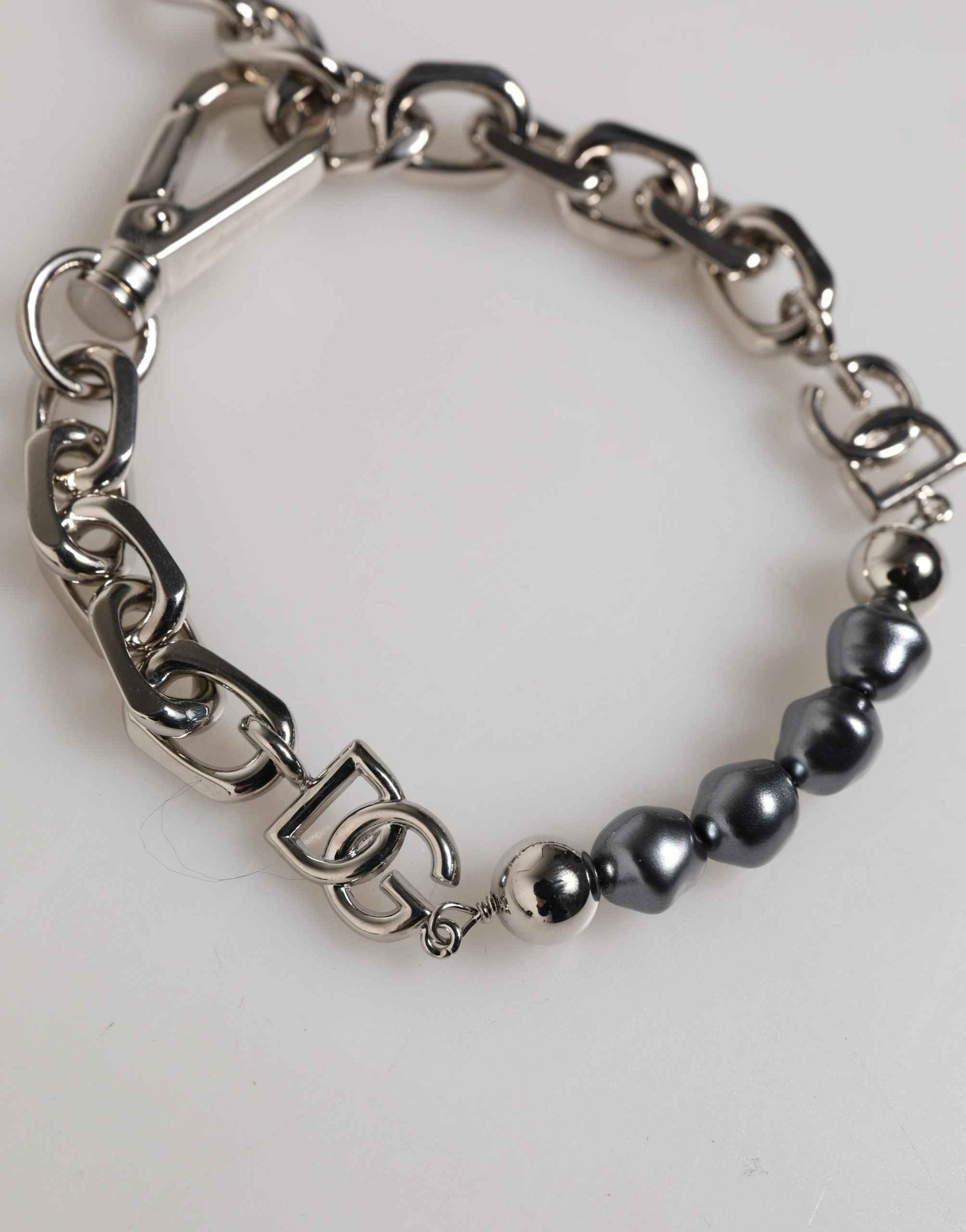 Dolce & Gabbana Silver Tone Chain Lobster Clasp Logo Gray Pearls Bracelet