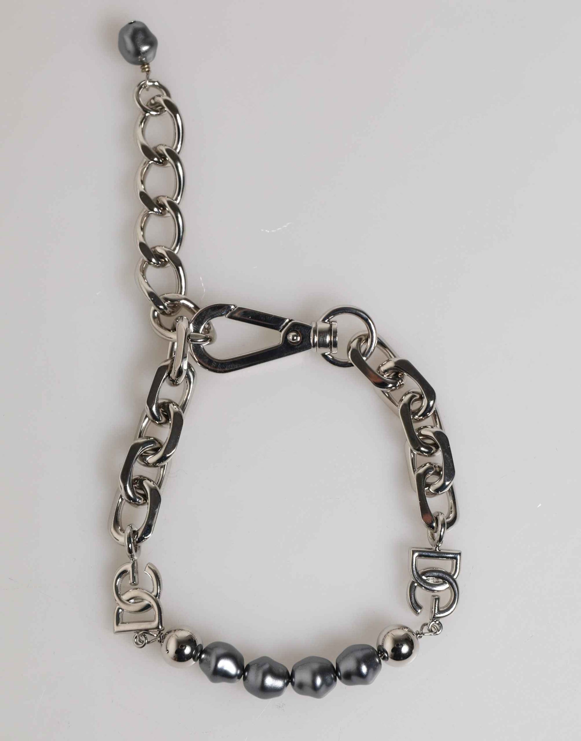 Dolce & Gabbana Silver Tone Chain Lobster Clasp Logo Gray Pearls Bracelet