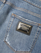 Dolce & Gabbana Blue Tattered Slim Fit Cotton Denim Jeans
