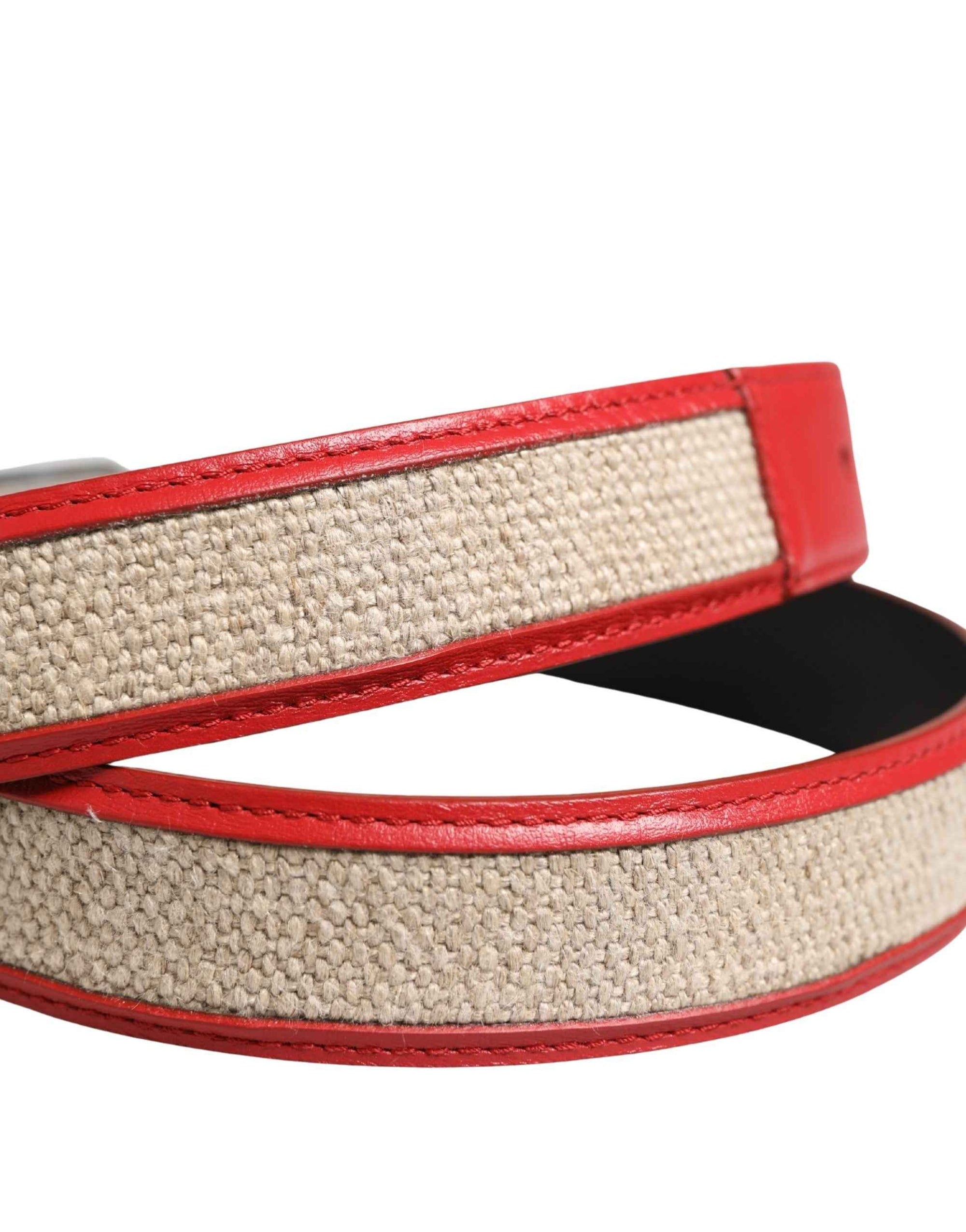 Dolce & Gabbana Men Beige Red Woven Leather Metal Buckle Belt
