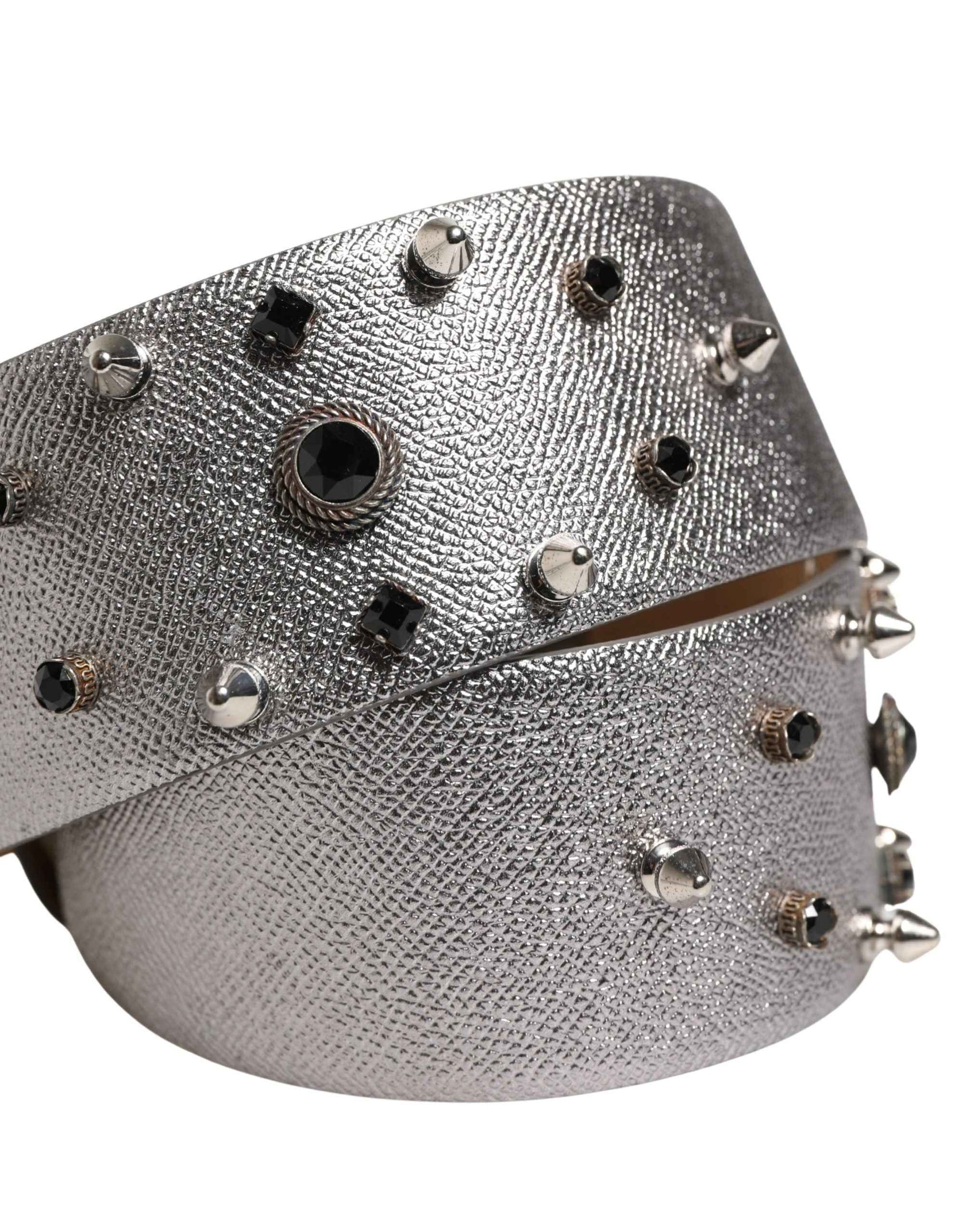Dolce & Gabbana Silver Leather Crystal Metal Buckle Belt