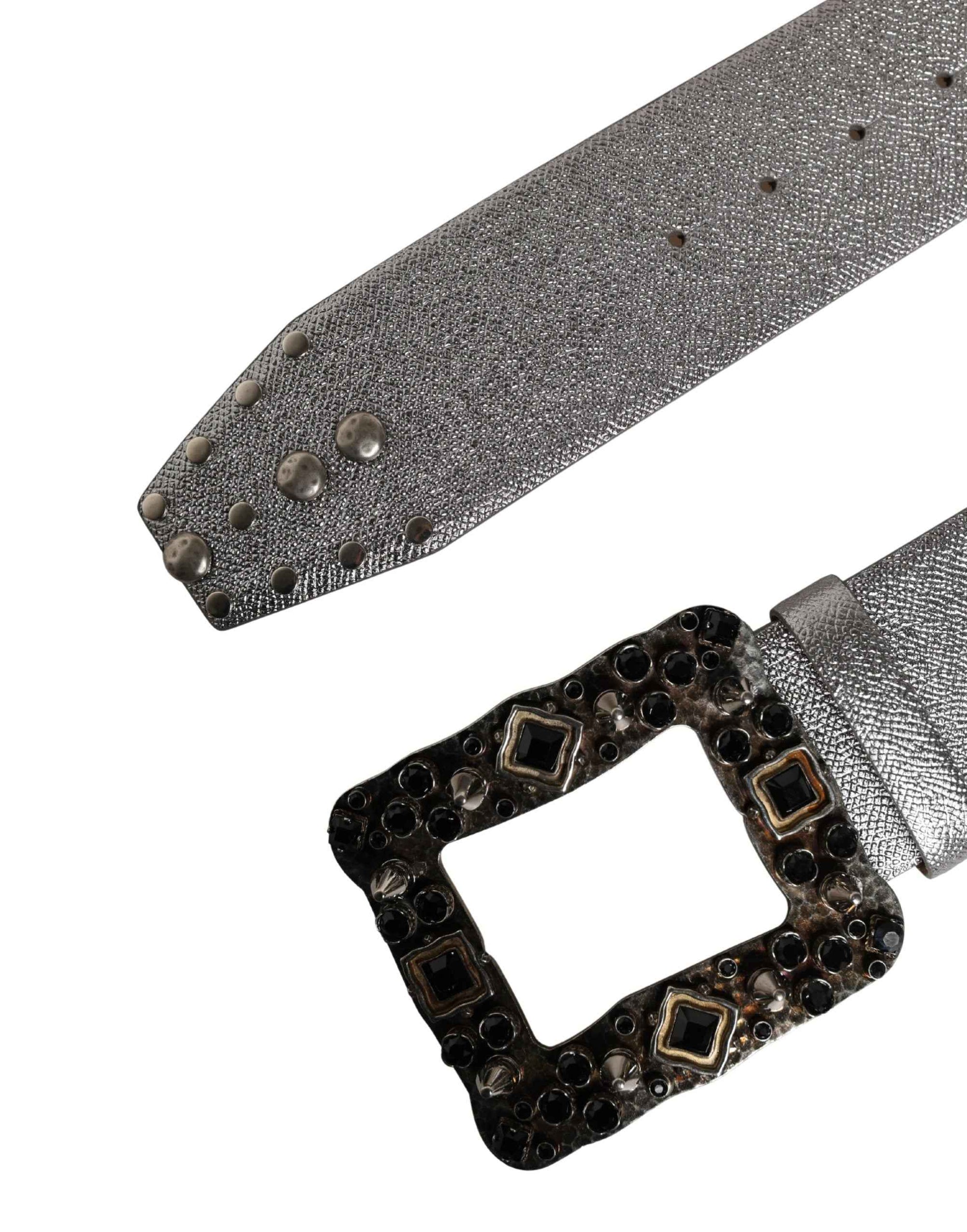 Dolce & Gabbana Silver Leather Crystal Metal Buckle Belt