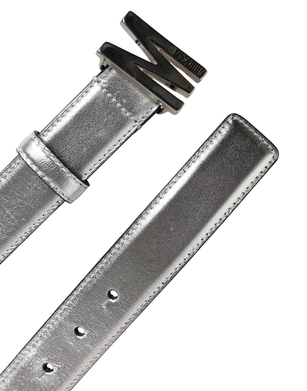 Moschino Couture Silver Leather Logo Metal Buckle Waist Belt