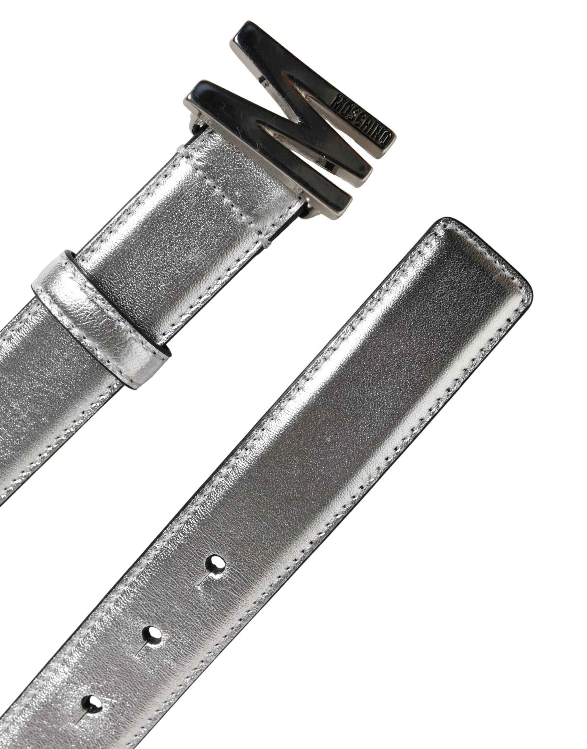 Moschino Couture Silver Leather Logo Metal Buckle Waist Belt