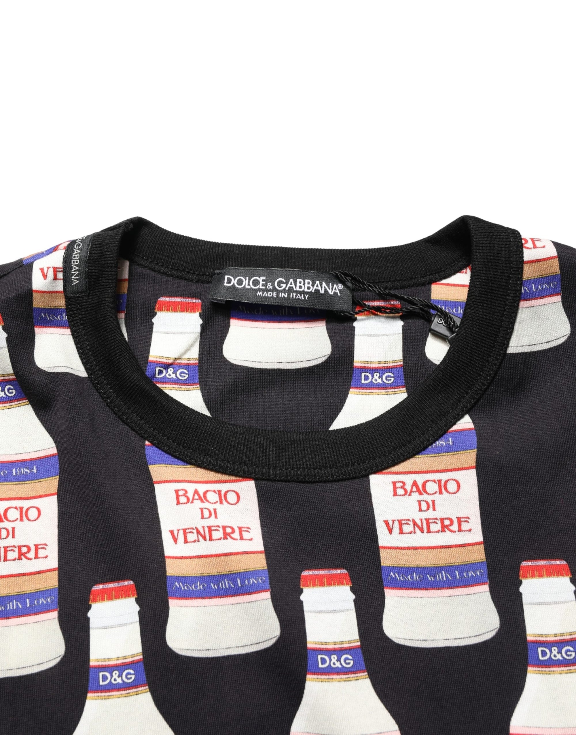 Dolce & Gabbana Black Bottle Print Cotton Crew Neck  T-shirt