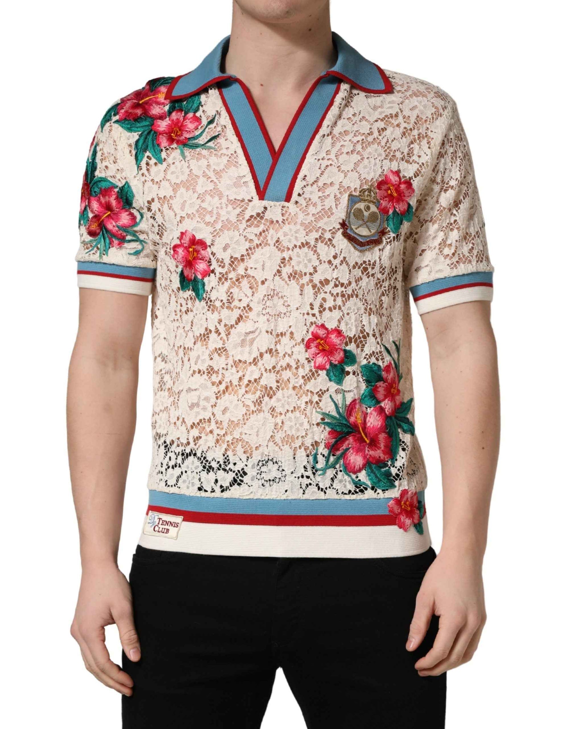 Dolce & Gabbana Beige Floral Tennis Club Lace Polo T-shirt